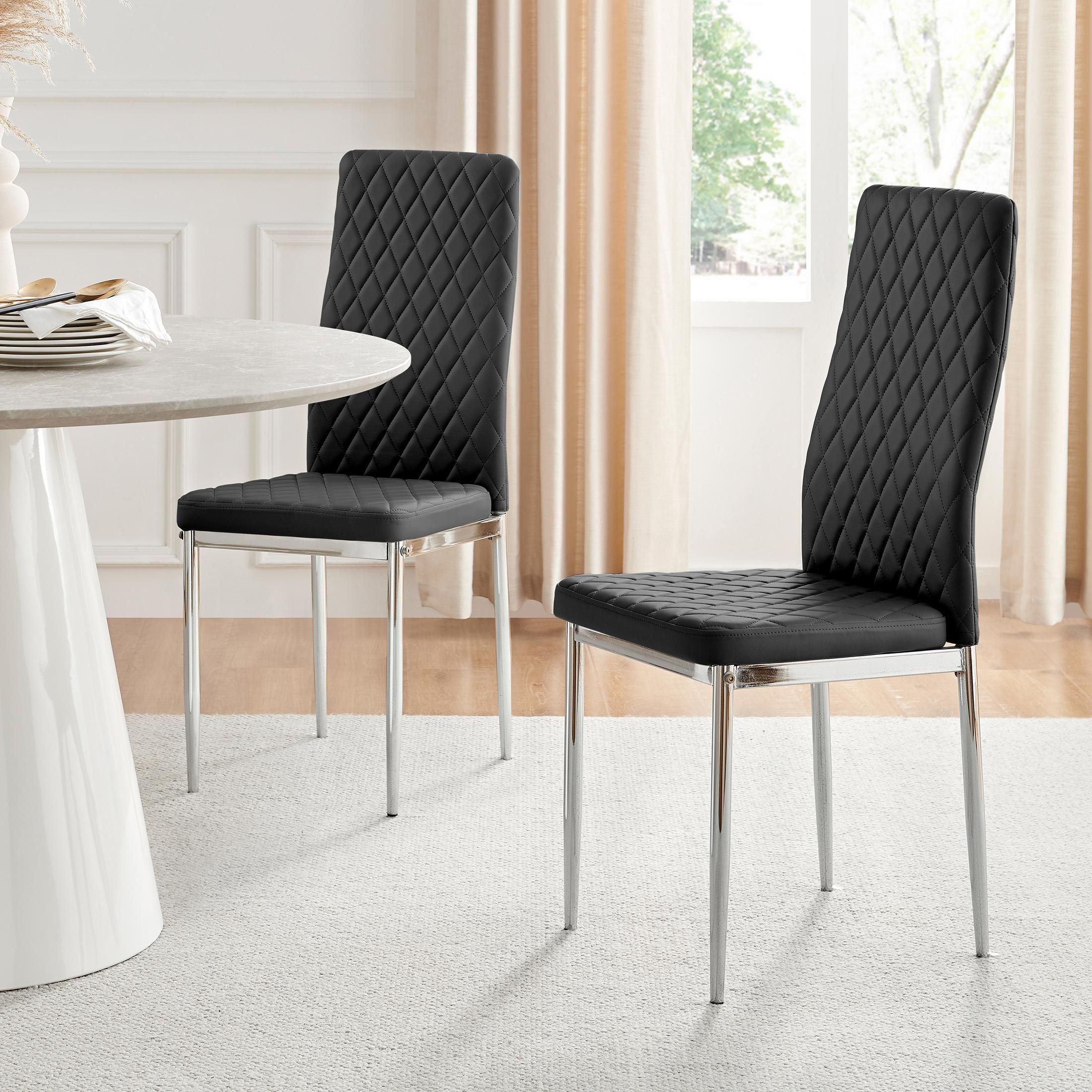 FurnitureboxUK Set of 4 Milan High Back Soft Touch Diamond Pattern Faux Leather Dining Chairs With Silver Chrome Metal Legs in Black