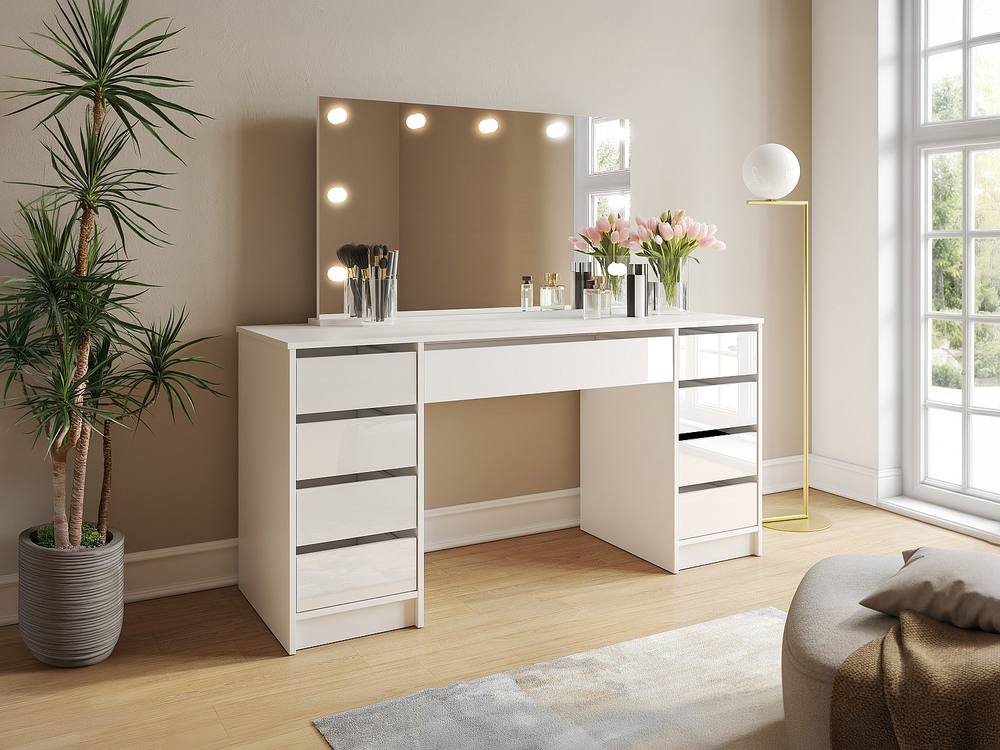 Vente-unique Double Dressing Table With LED Mirror - 9 Drawers - Gloss White