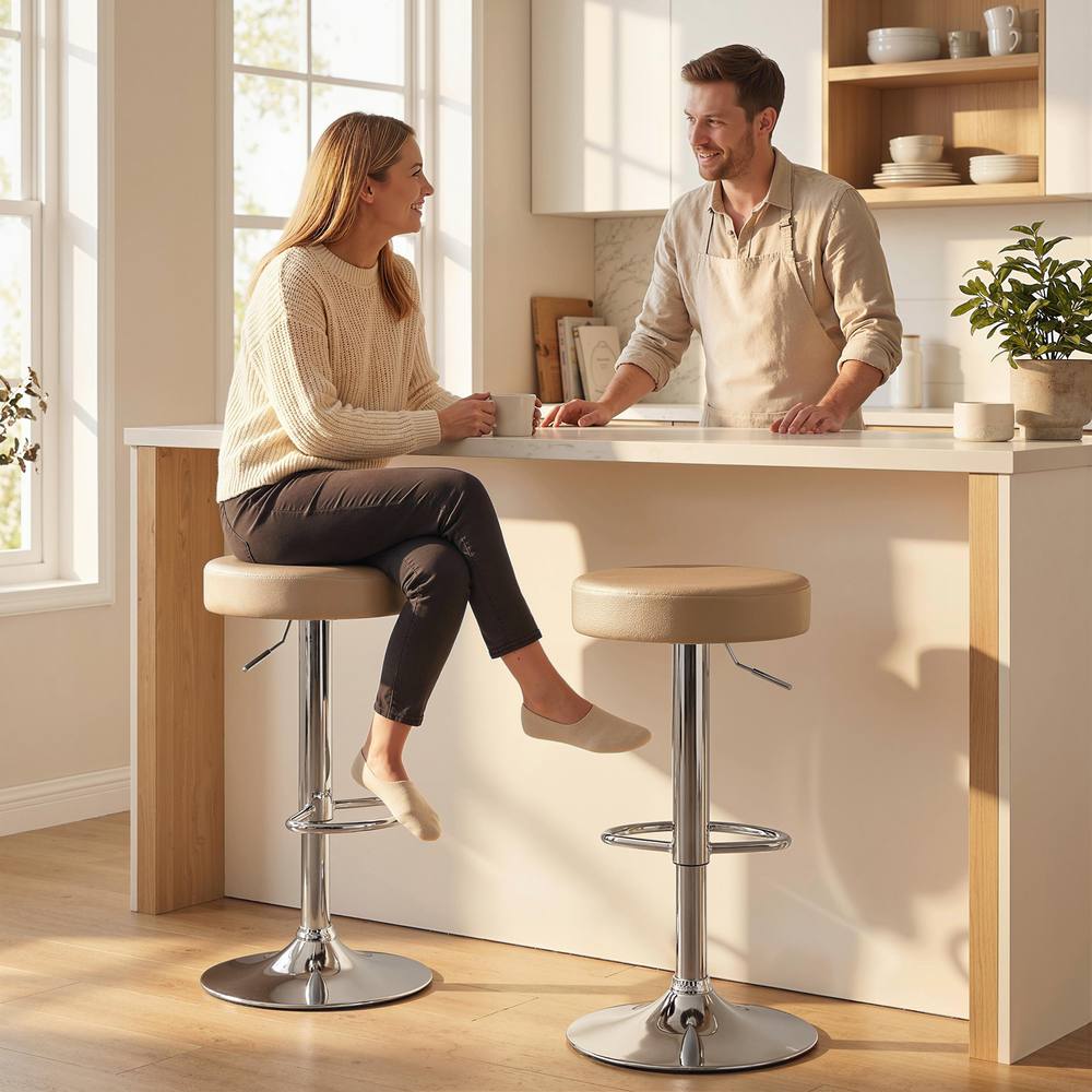HOMCOM Bar Stools Set of 2, Height Adjustable Breakfast Bar Chairs in Beige