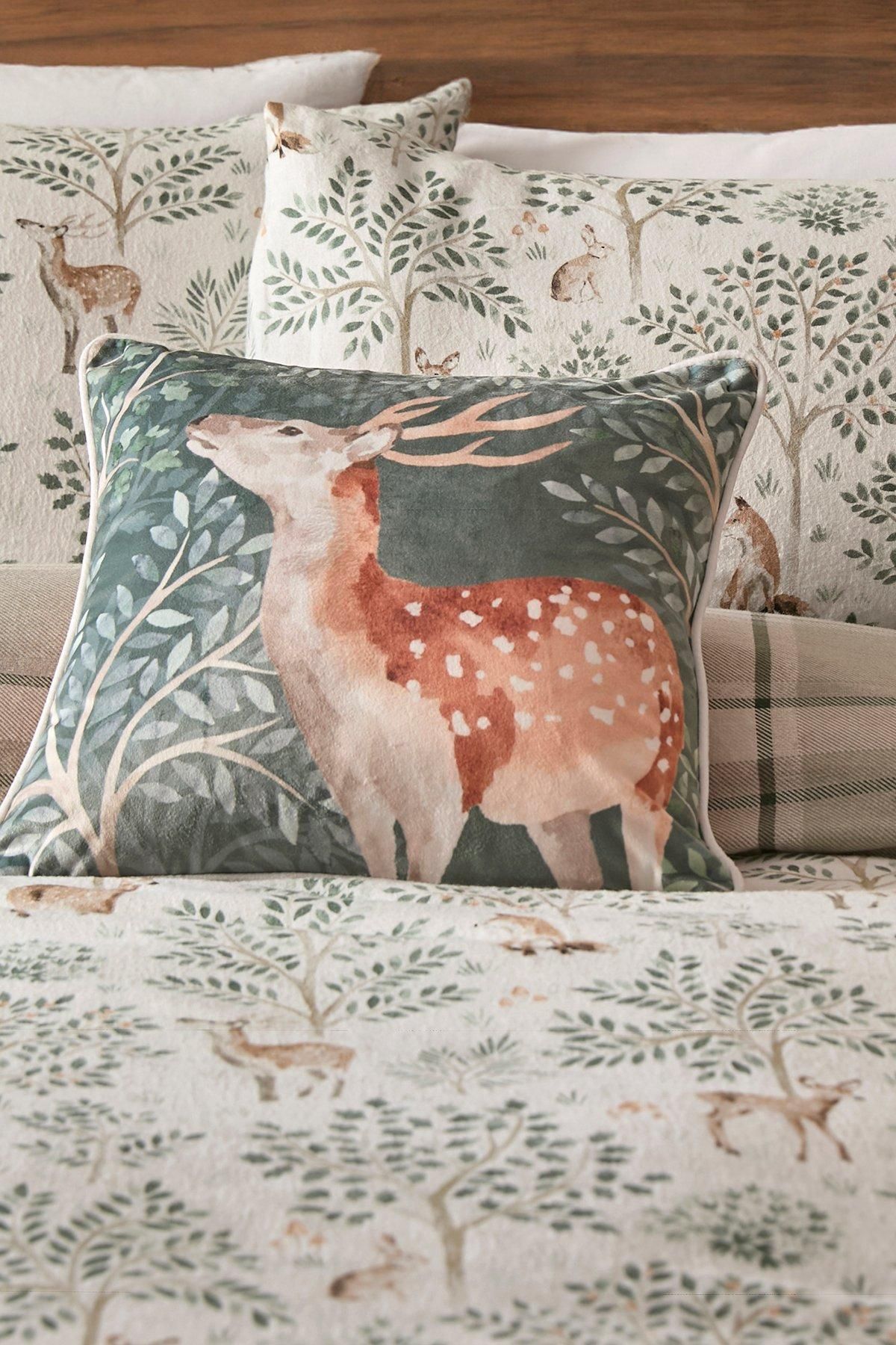 Dreams & Drapes 'Forest Animals' Deer Print Velvet Filled Cushion in Green 4