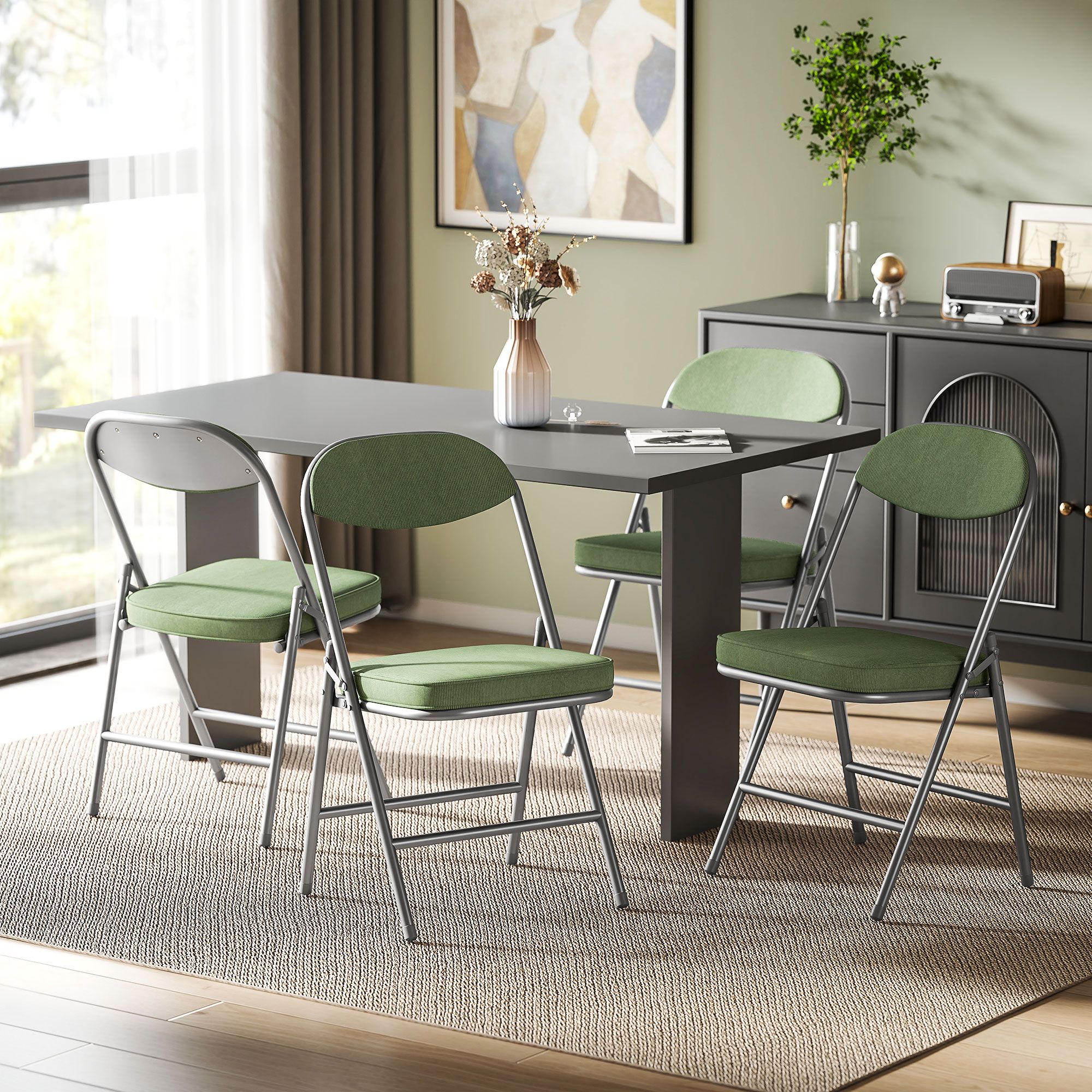 HOMCOM Folding Chairs Set of 4 with Cushioned Seat, Steel Frame in Green 1