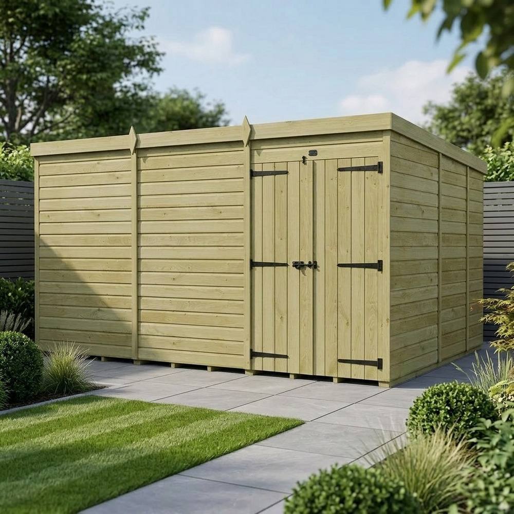 Buttercup Farm 12ft x 9ft Pent Garden Shed Double Door No Windows - Timber in Brown 2