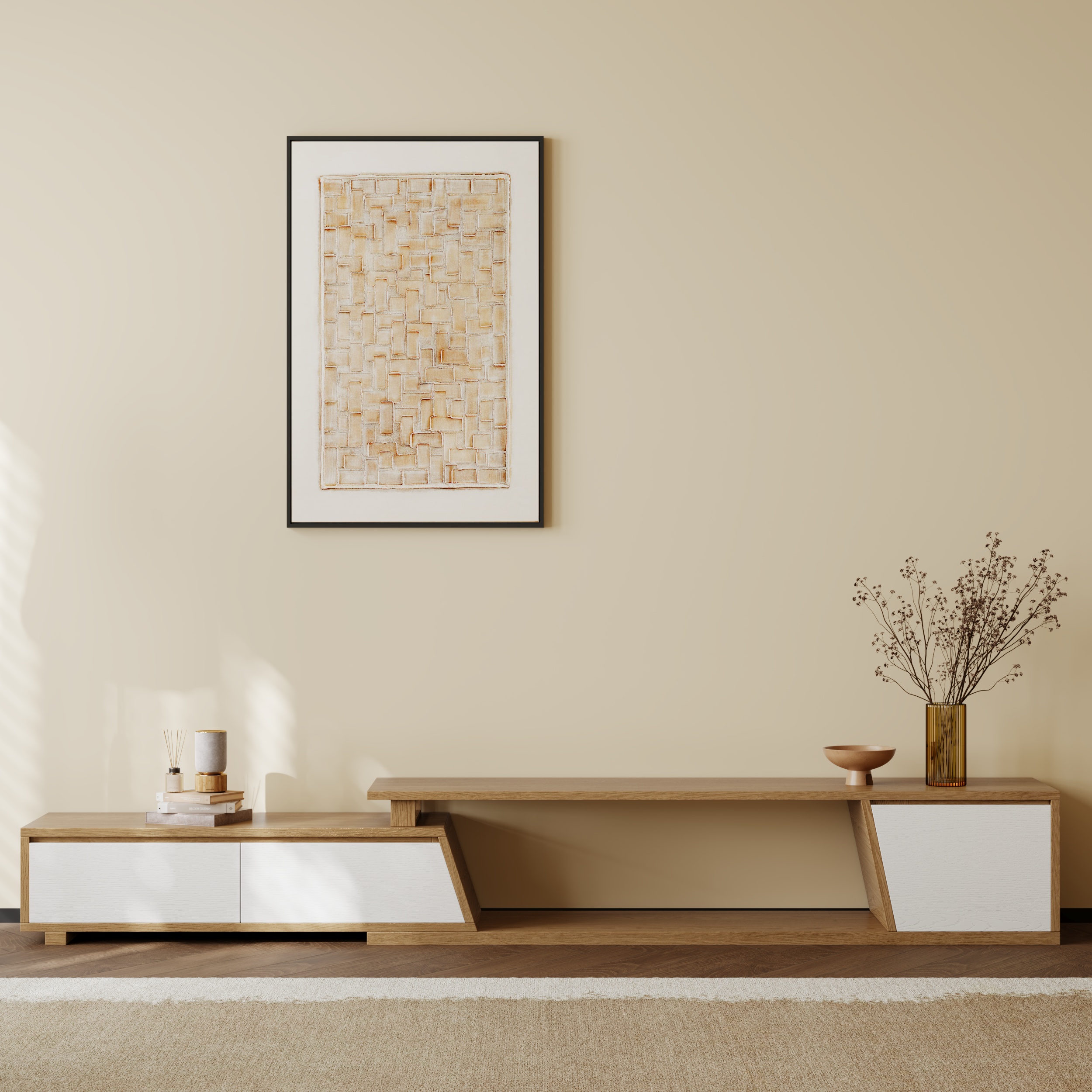 Up to 2800 mm Extendable White & Walnut TV Stand Minimalist Floor Media Console with 3 Drawers