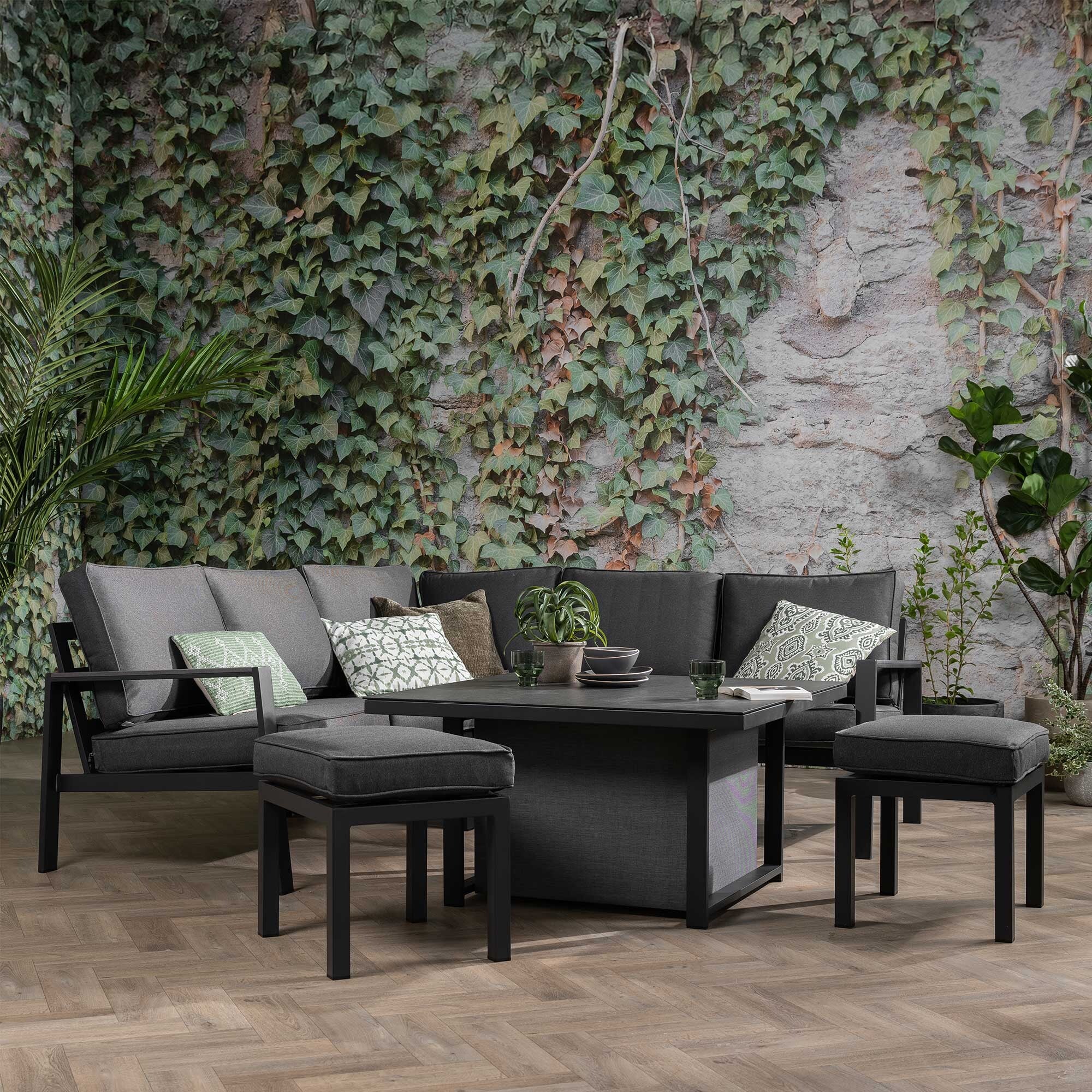 Fierza Corner Sofa Set with Rising Table, Aluminium, Grey | Barker & Stonehouse