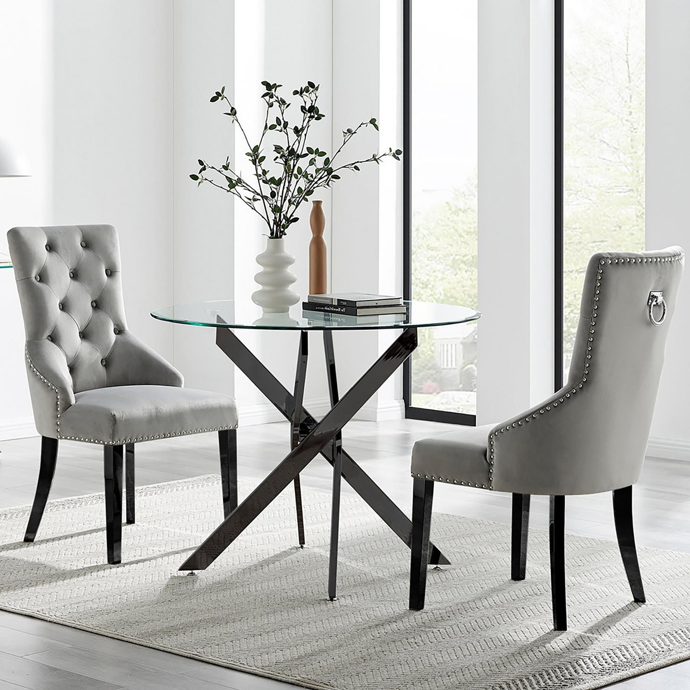 FurnitureboxUK Novara 100cm Round Black Leg Dining Table & 2 Belgravia Black Leg Chairs in Grey
