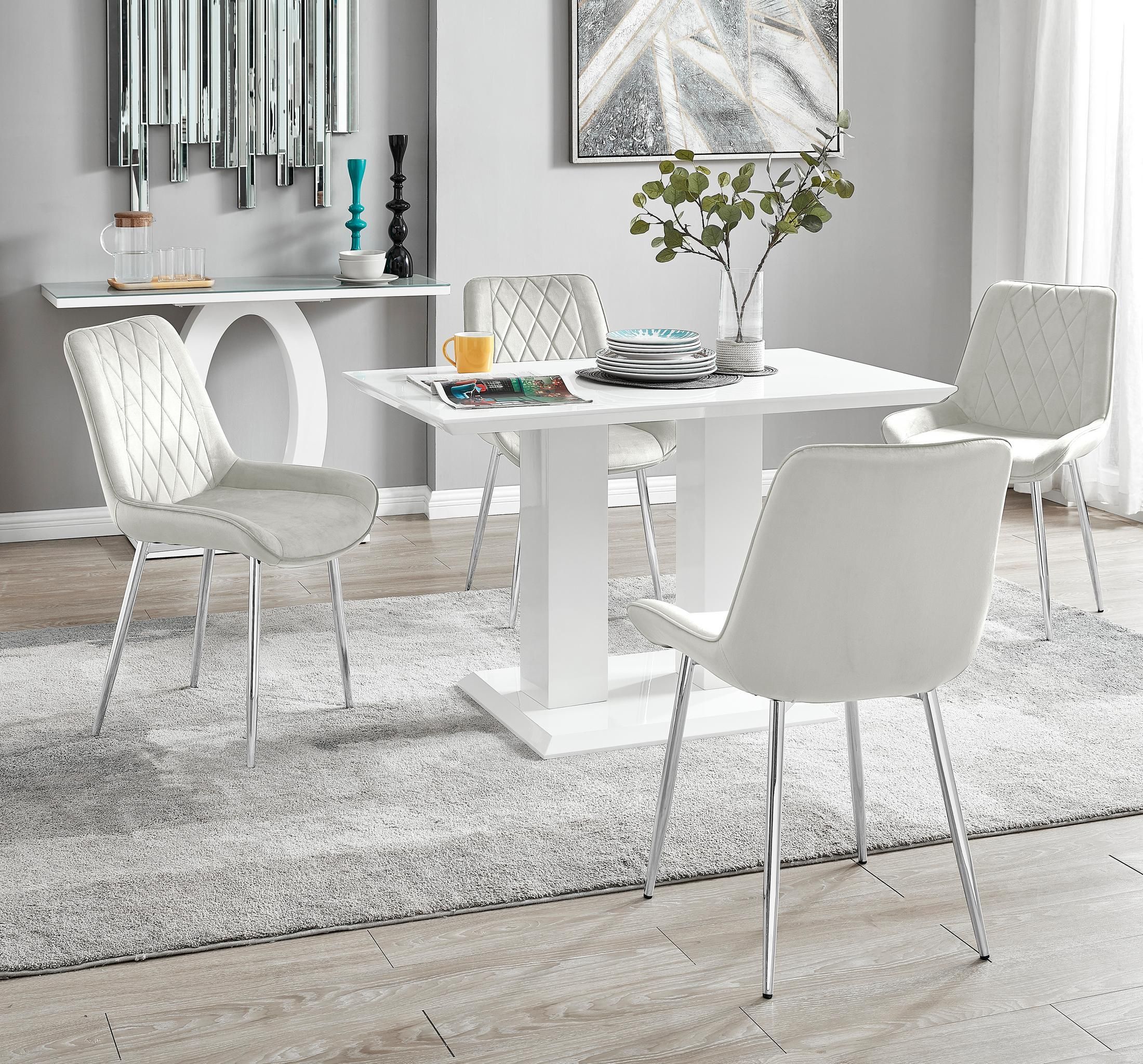 FurnitureboxUK Imperia 4 Seater Modern White High Gloss Rectangular Dining Table & 4 Persaro Velvet Chairs in Cream