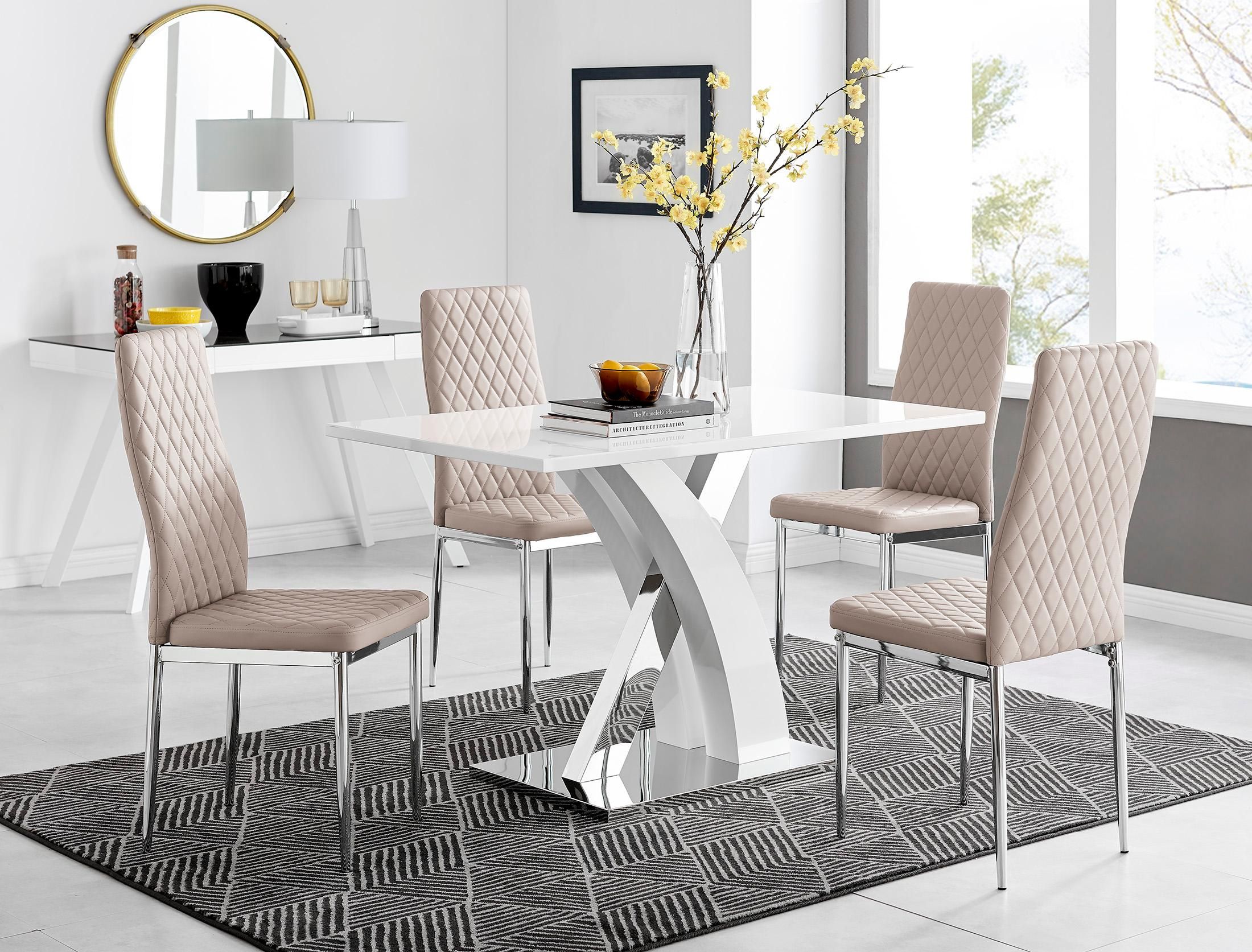 FurnitureboxUK Atlanta White High Gloss & Chrome 4 Seater Dining Table with X Shaped Legs & 4 Faux Leather Milan Chairs in Beige