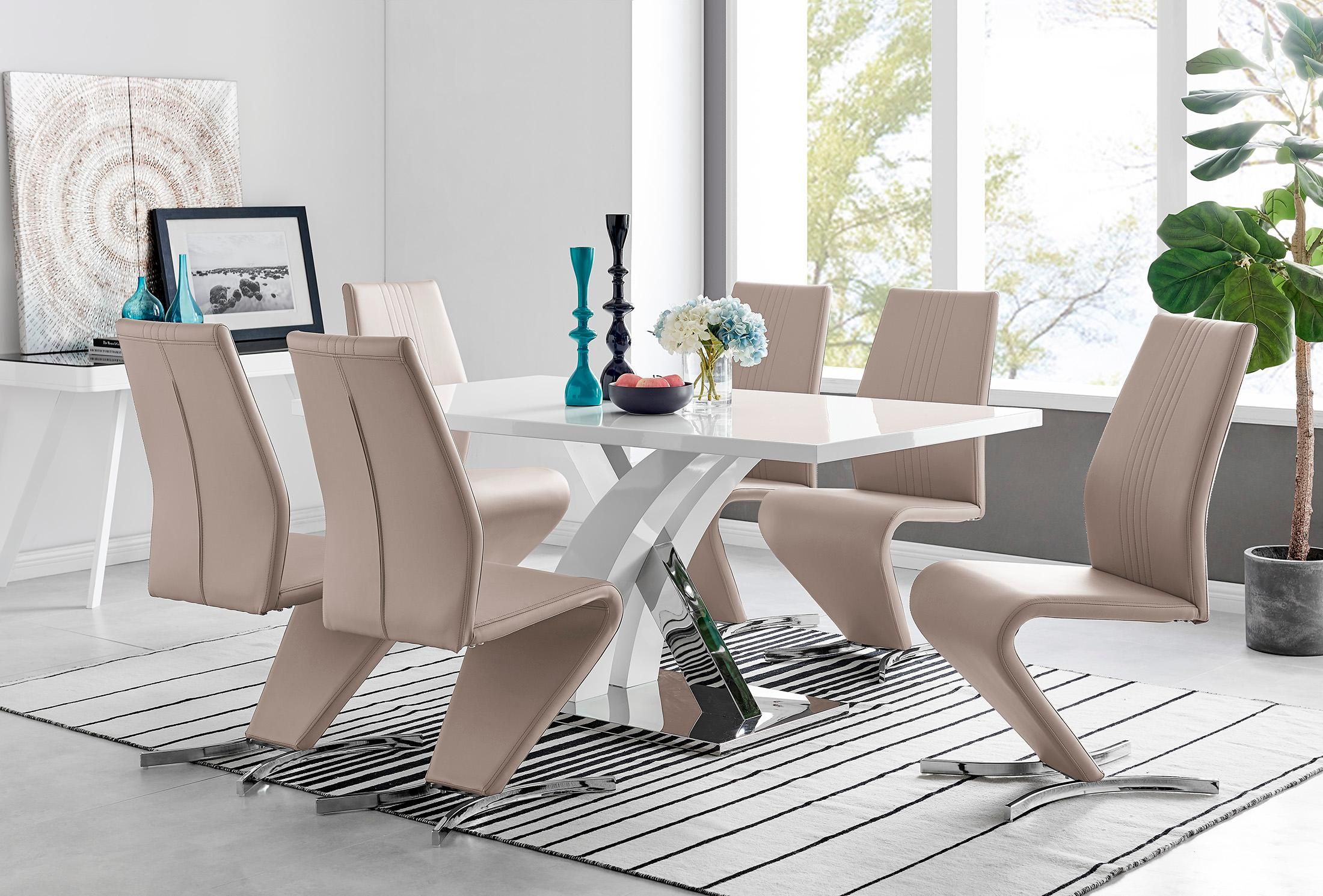 FurnitureboxUK Atlanta Modern Rectangle Chrome Metal High Gloss White Dining Table & 6 Willow Chairs Set in Beige