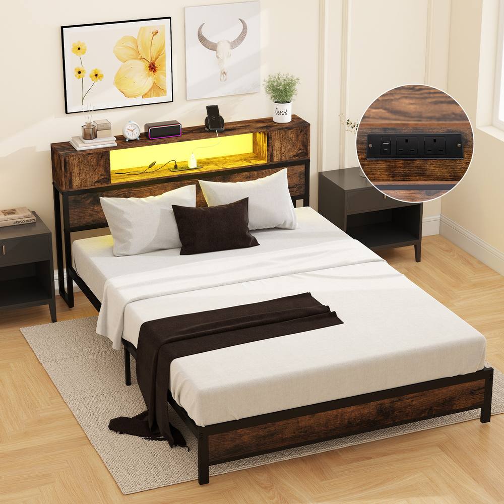 Costway Double Size Bed Frame Metal Platform Bed w/LED Lights&Charging Station in Brown