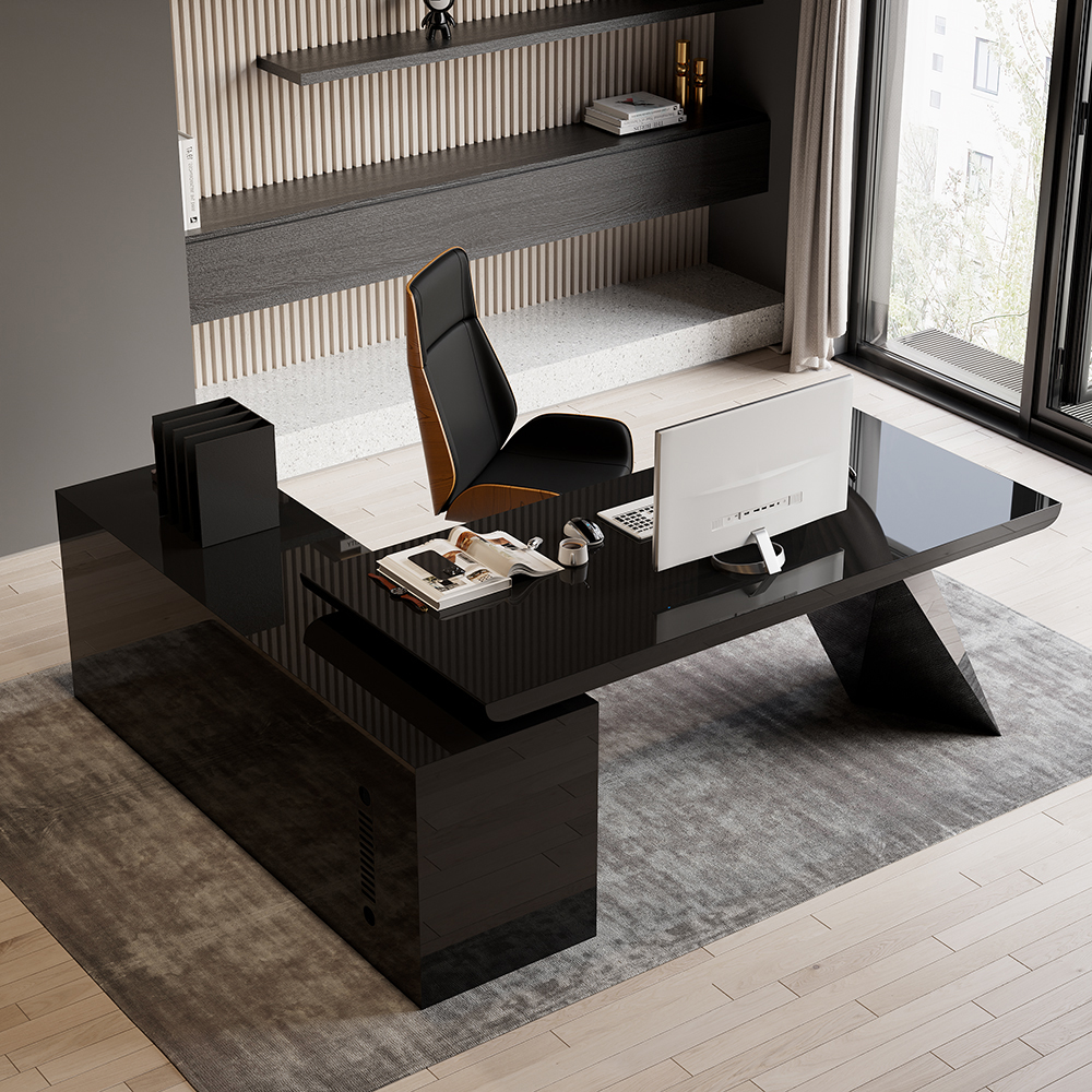 L Shaped Large Executive Office Desk with Drawers & Cabinet Black Office Furniture Right Hand (180 cm)
