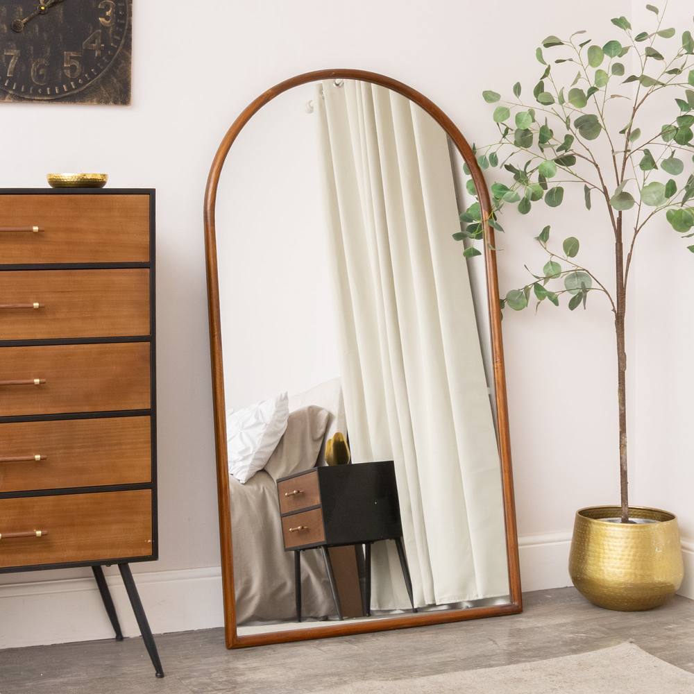 Melody Maison Large Walnut Wooden Framed Arched Leaner Mirror - 90cm X 158cm in Brown
