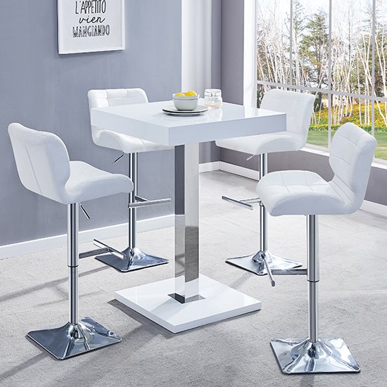 Topaz White Gloss Bar Table With 4 Candid White Bar Stools