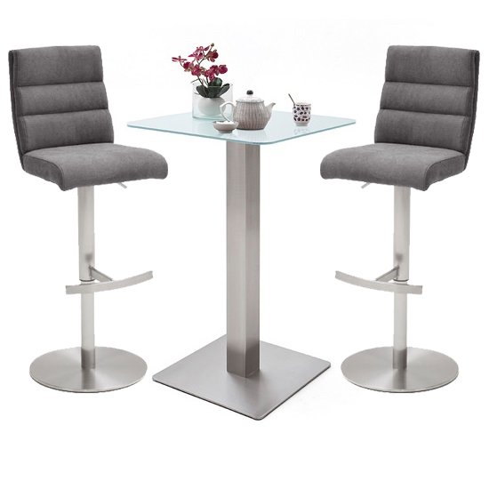 Soho White Glass Bar Table 2 Hiulia Fabric Anthracite Stools