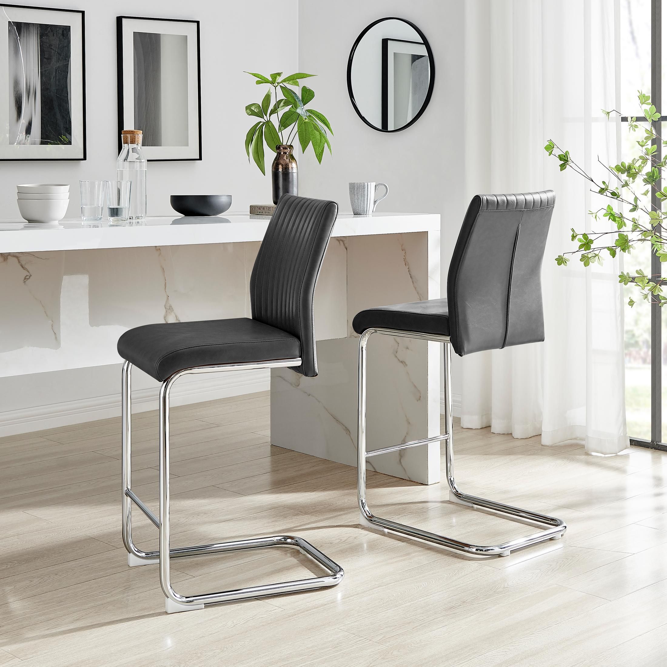 FurnitureboxUK Lorenzo 2x Faux Leather & Silver Counter Stools in Black