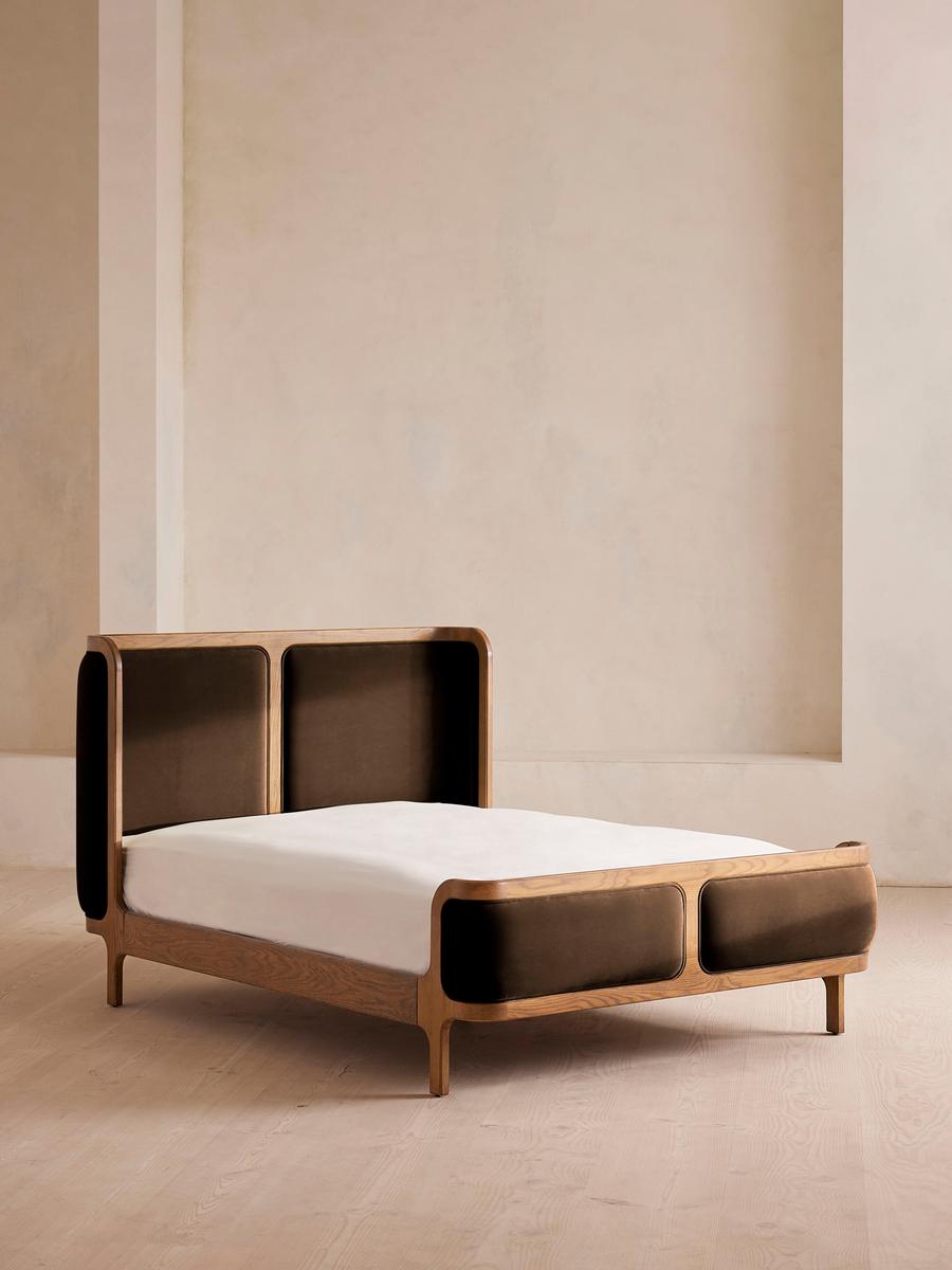 Belsa Bed, Light Oak, King, Velvet, Chocolate