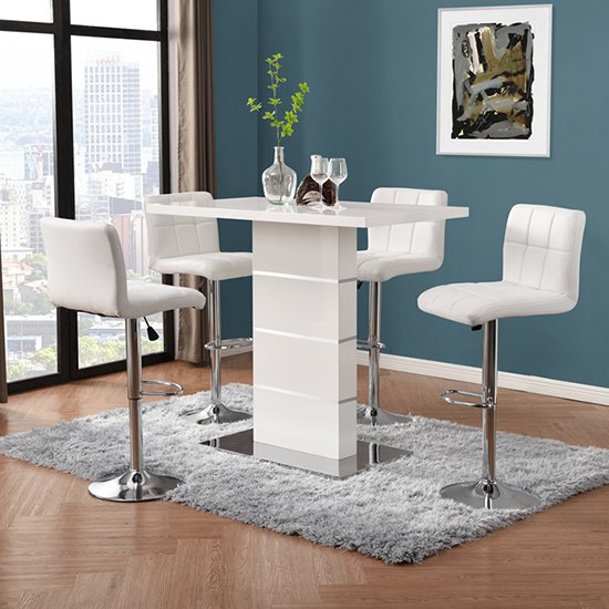 Parini High Gloss Bar Table In White With 4 Coco White Stools