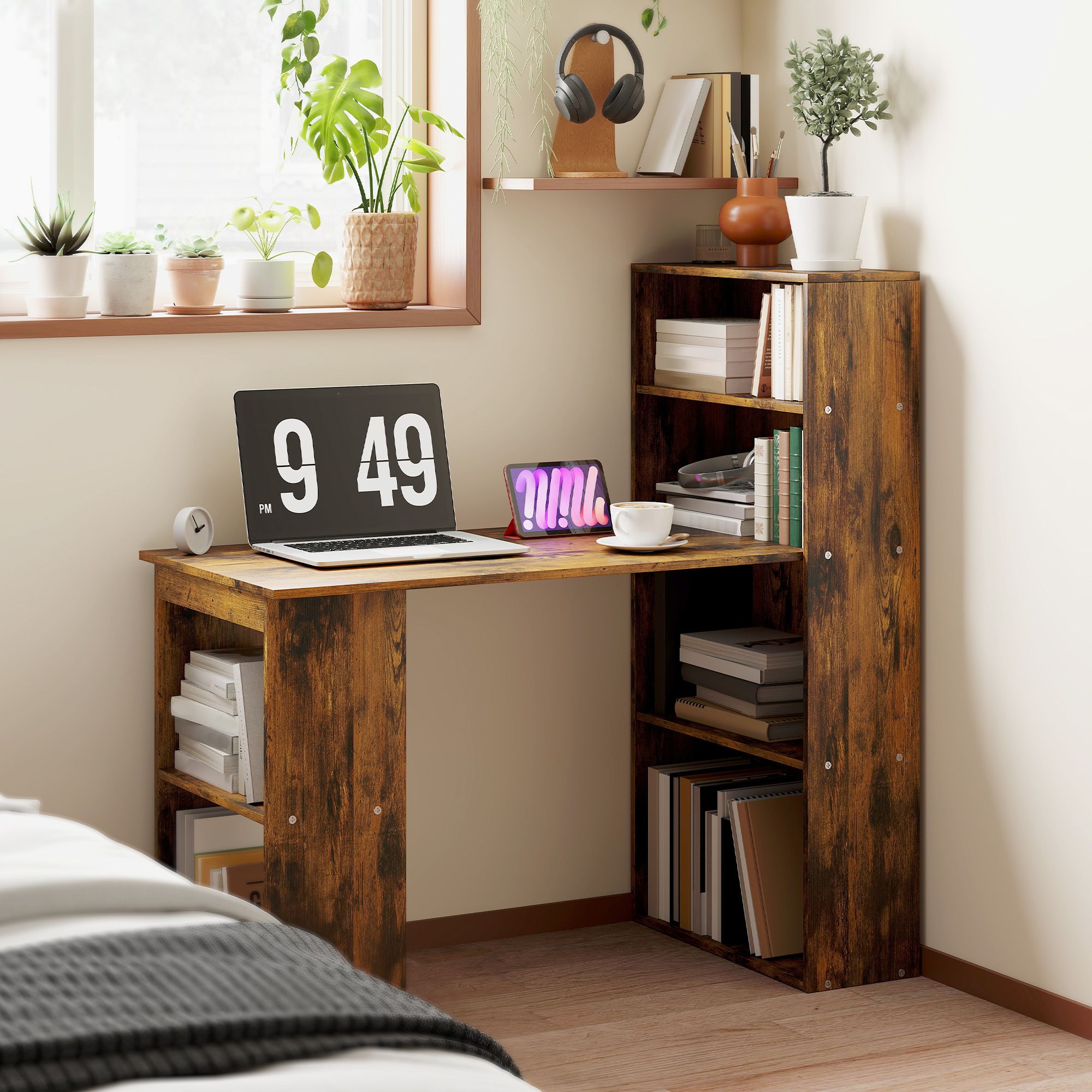 HOMCOM 120cm Computer Desk Bookshelf Writing Table 6 Shelves Brown in Dark Brown