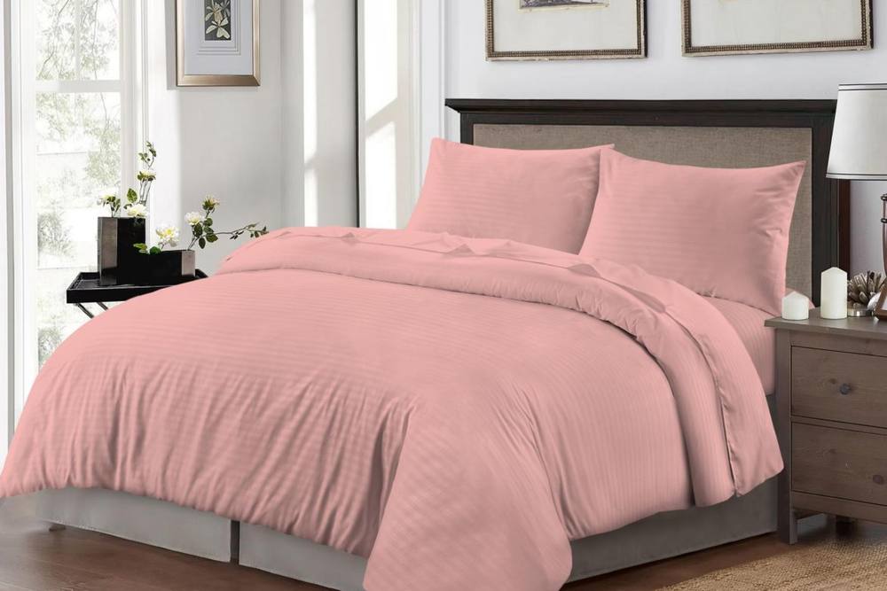 Homes-Linen Luxury Brushed Microfiber Stripe Duvet Cover Set with Pillowcases in Pale Pink