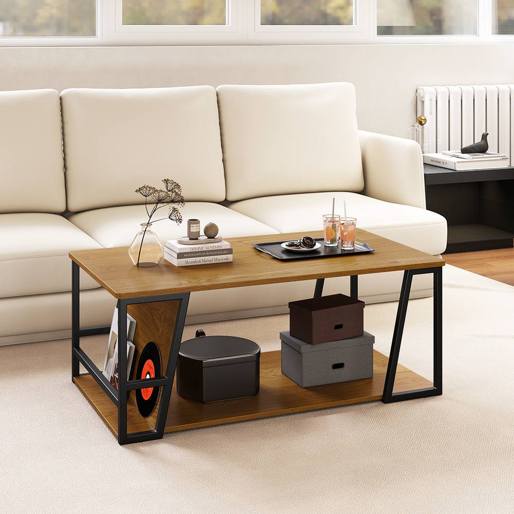Costway Rectangle Coffee Table 2-tier Cocktail Center Accent Table w/ Shelf in Natural