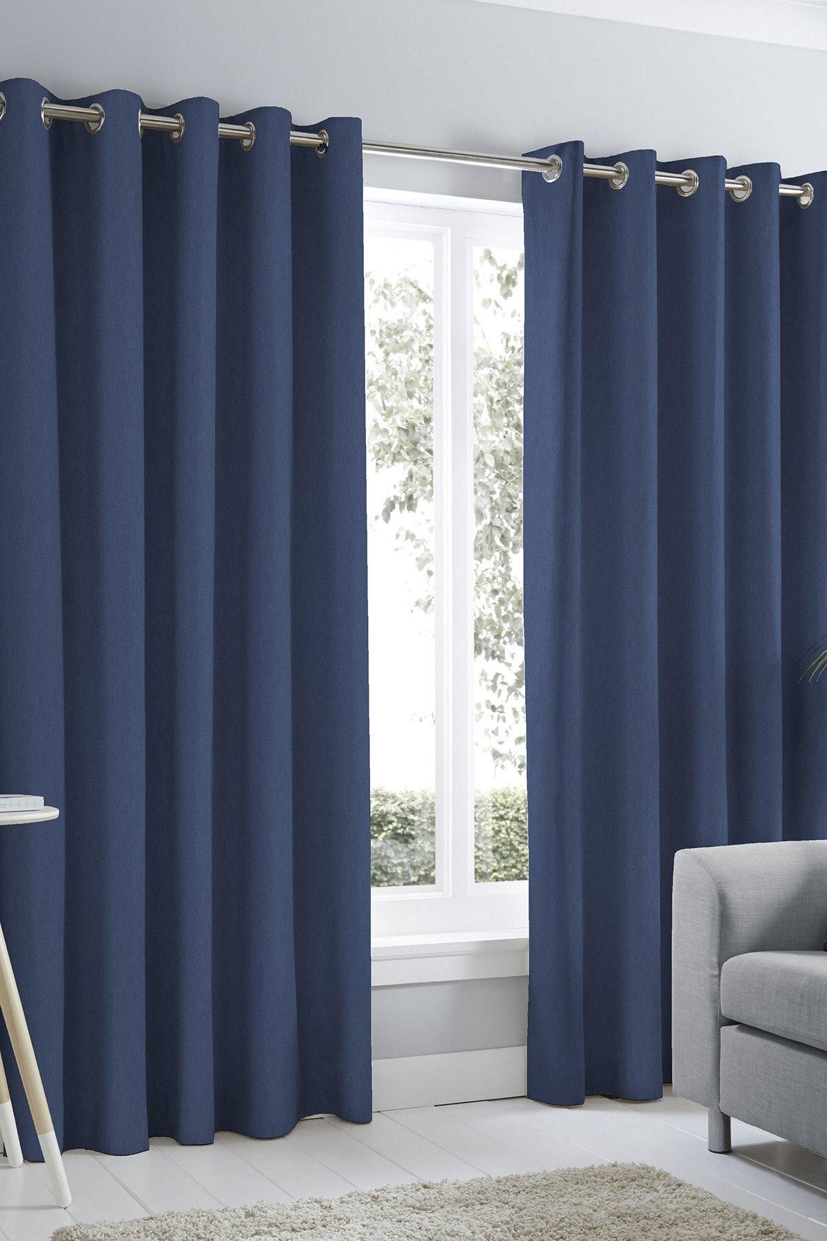 Fusion 'Sorbonne' 100% Cotton Light Filtering Plain Dyed Eyelet Curtains in Navy