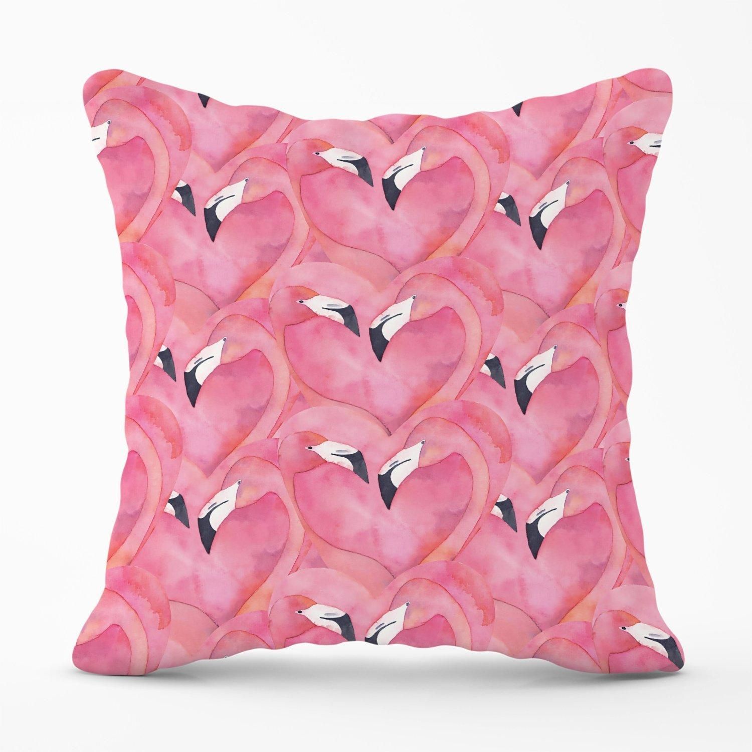Warren Reed - Designer Watercolour Flamingo Hearts Outdoor Cushion in Pink