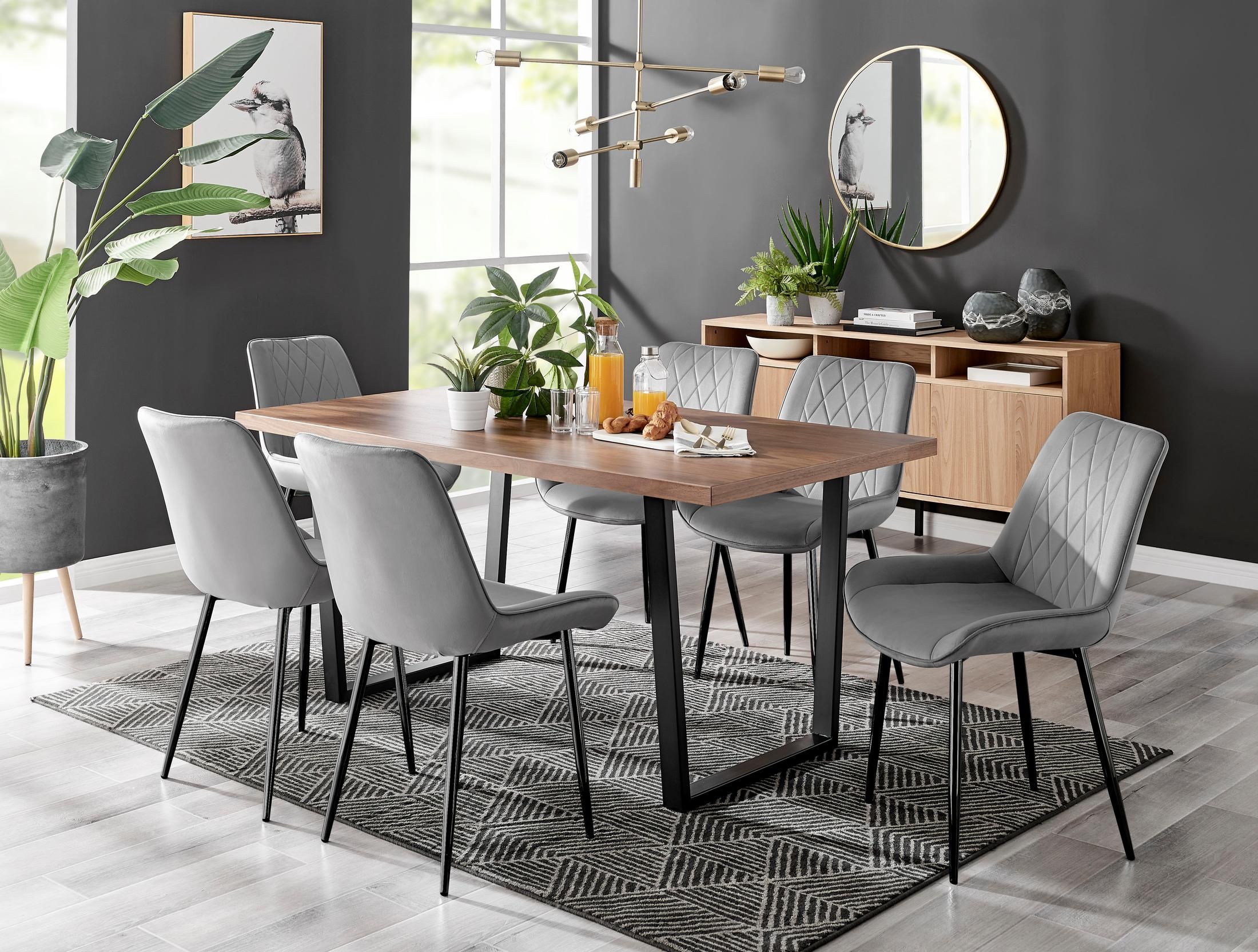 FurnitureboxUK Kylo Large Brown Wood Effect Dining Table & 6 Pesaro Velvet Black Leg Chairs in Grey