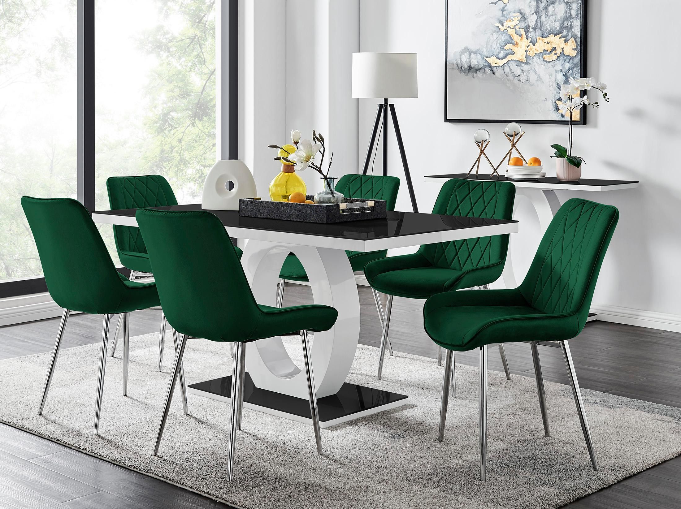 FurnitureboxUK Giovani Rectangular 6 Seat White High Gloss Unique Halo Base Dining Table Black Glass Top 6 Soft Velvet Silver Leg Pesaro Chairs