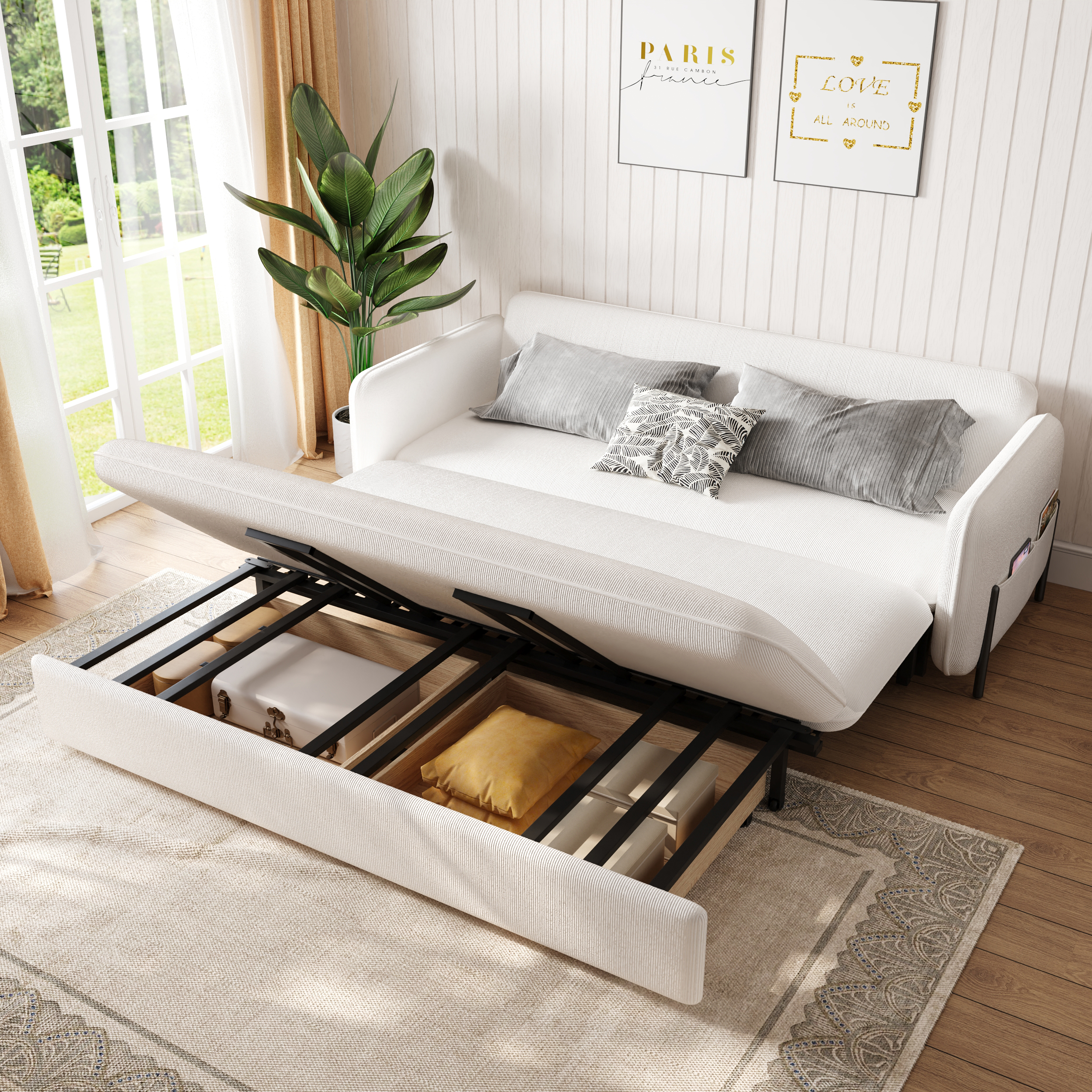 2006mm King Sleeper Sofa Beige Upholstered Convertible Sofa Bed
