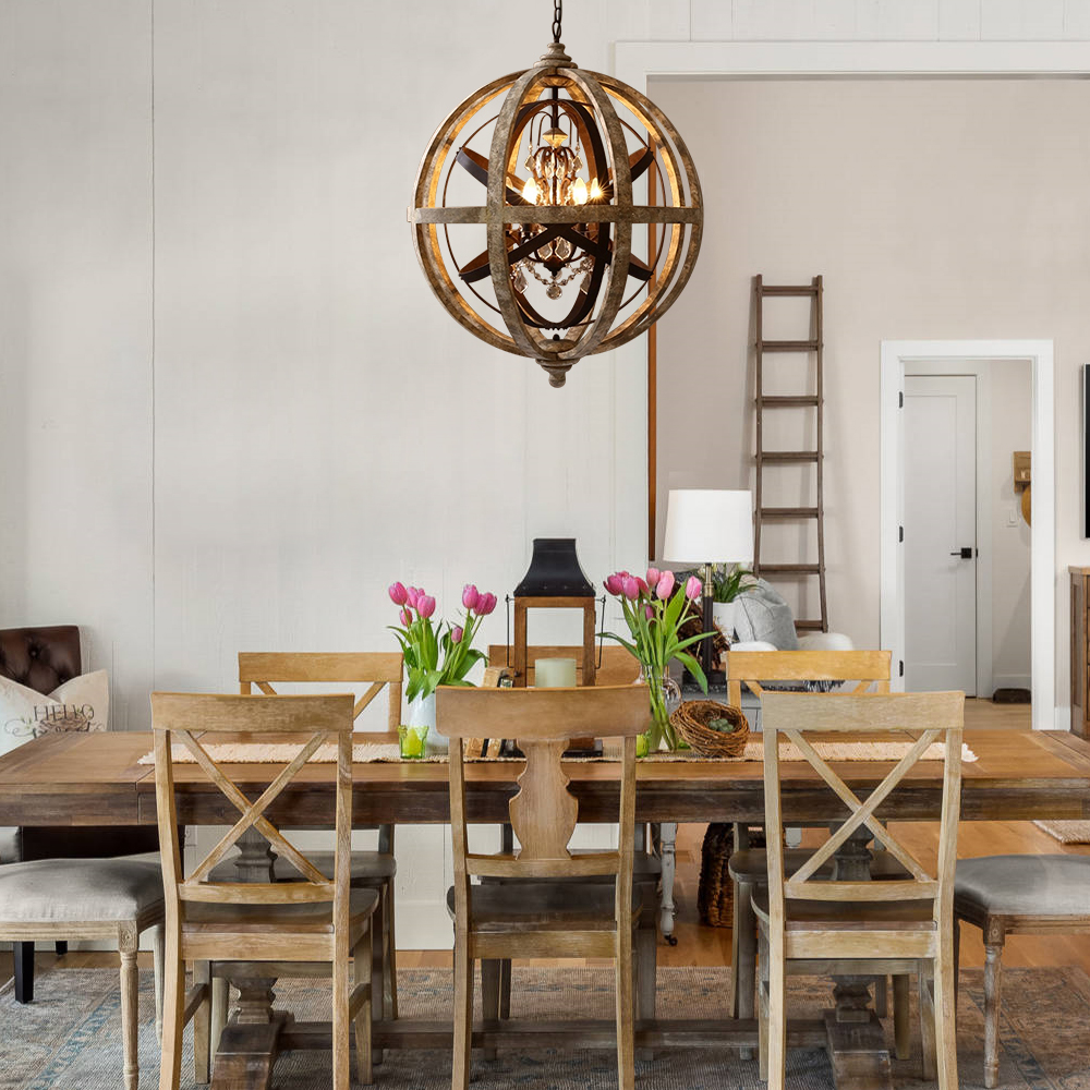 Retro Rustic Weathered Wooden Globe Metal Orb Crystal 5-Light Chandelier Medium