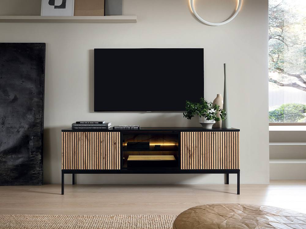 Vente-unique 3 - Door TV Stand With Leds In MDF & Smoked Glass - Black and