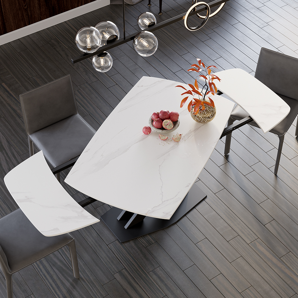 180 cm Modern Extendable White Sintered Stone Dining Table with Leaf X-Base 4-6 Seater
