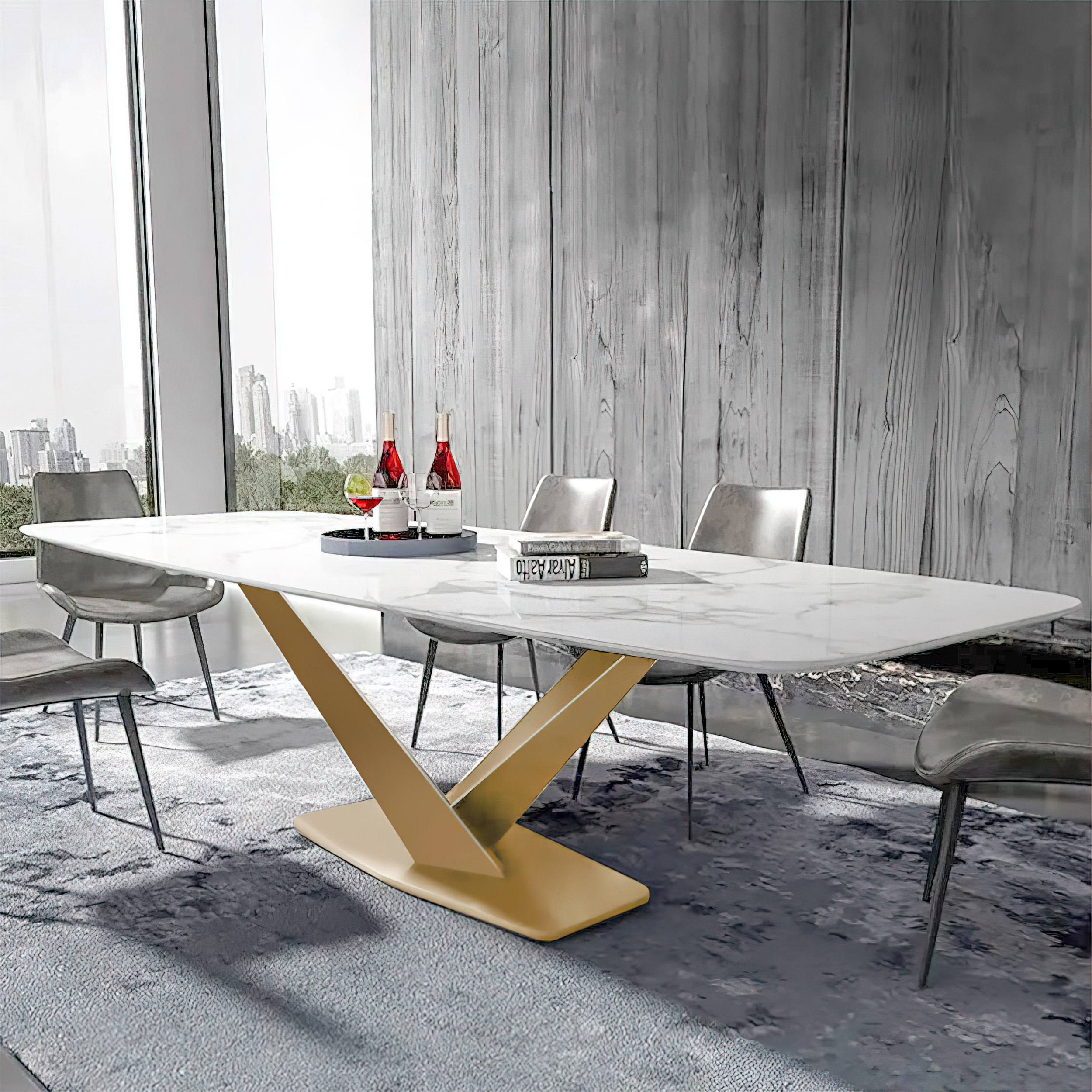 63" Modern White Faux Marble Rectangular Dining Table with Stainless Steel X-Base