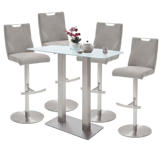 Soho White Glass Bar Table 4 Jiulia Fabric Ice Grey Stools
