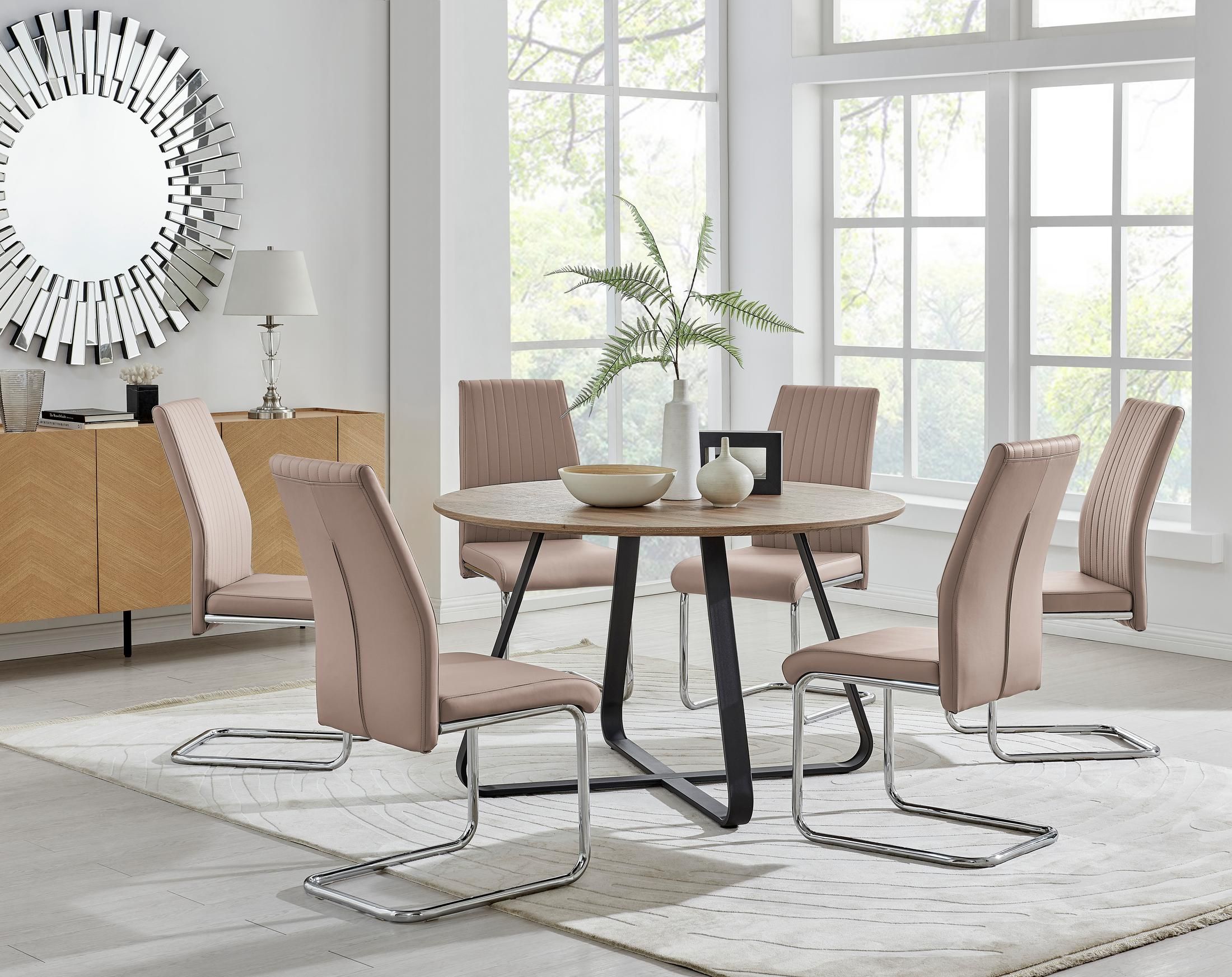 FurnitureboxUK Santorini Brown Wood Effect Dining Table & 6 Black Lorenzo Chairs in Beige