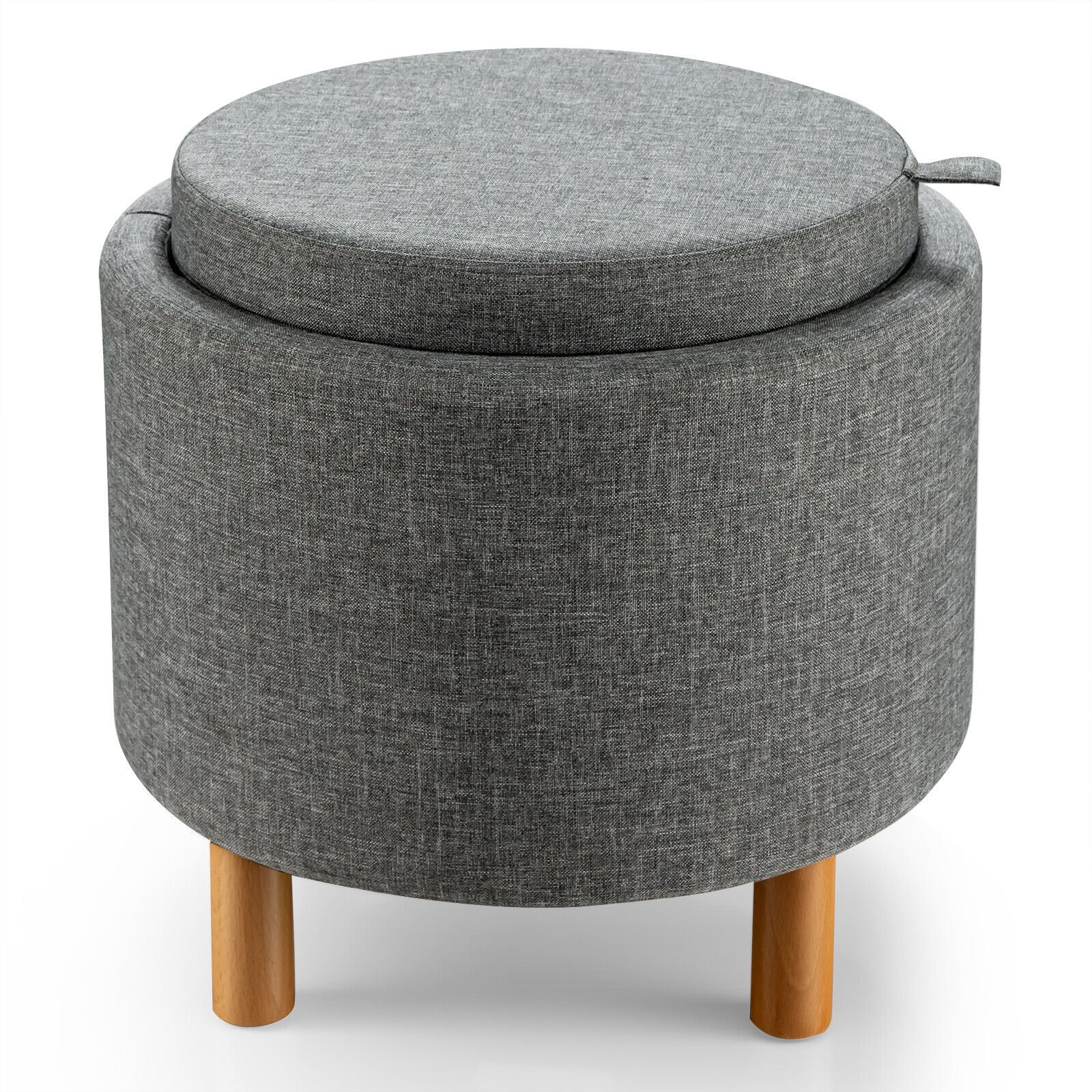 Costway Round Storage Ottoman w/ Tray Accent Fabric Storing Footrest w/ Non-Slip Pads in Grey