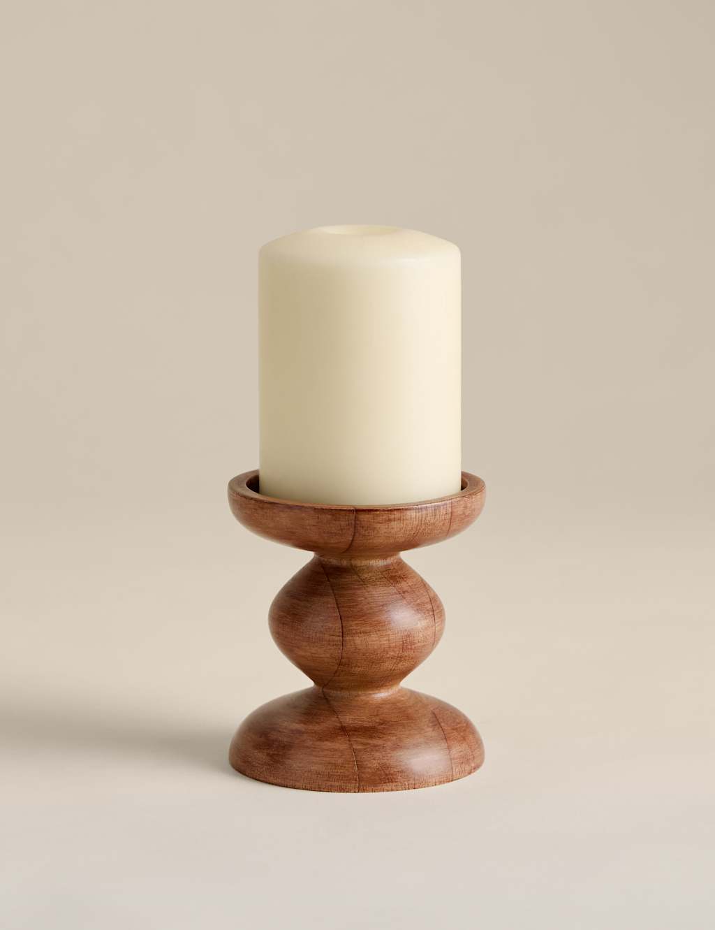 M&S Bobbin Wooden Pillar Candle Holder Natural