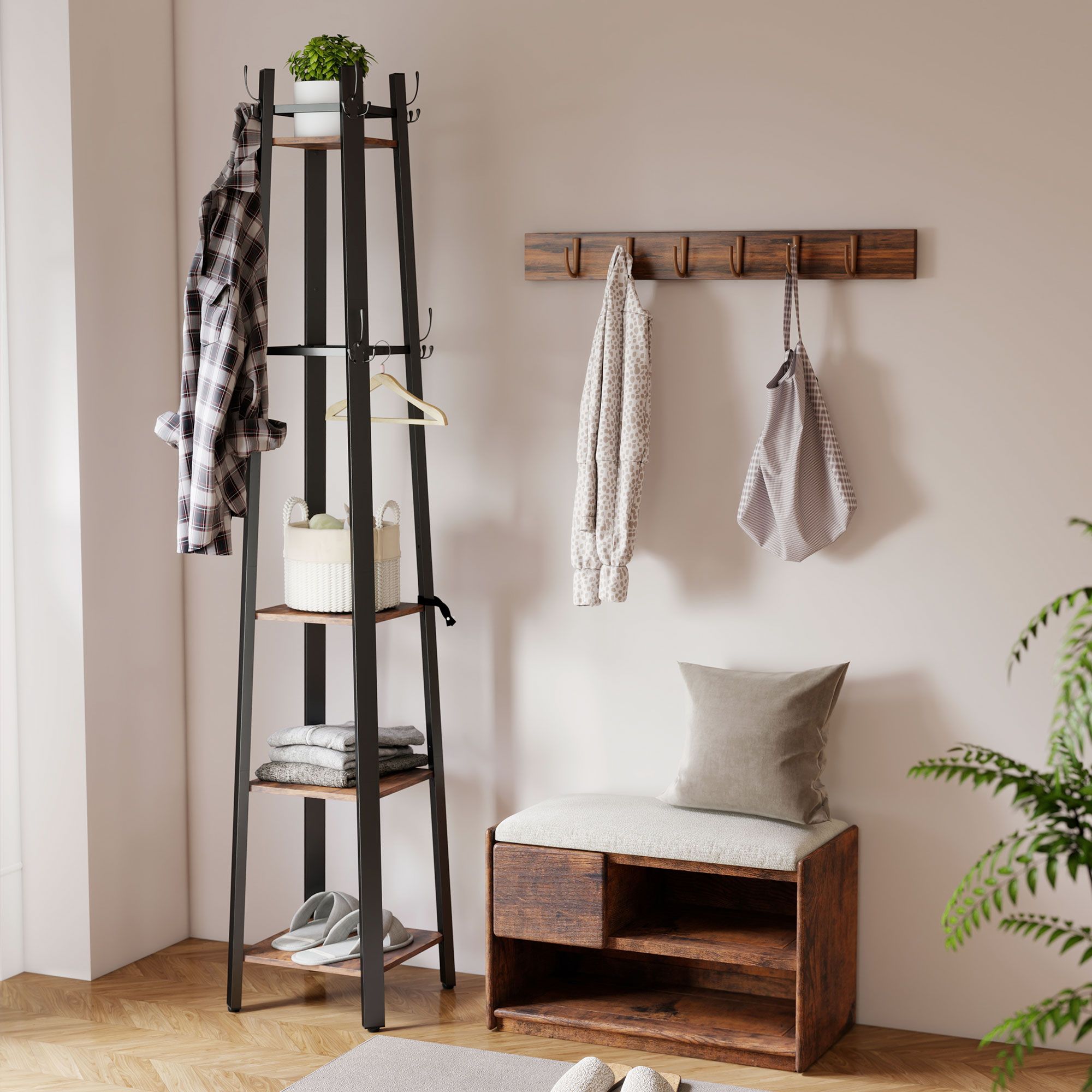 HOMCOM Industrial Coat Stand with 4 Storage Shelves & 8 Hooks in Brown