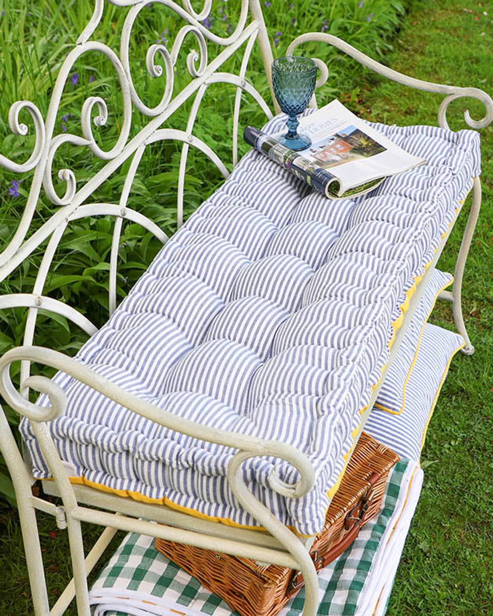 Dibor Vintage Blue Striped Reversible Indoor Outdoor Garden Bench Cushion L105cm x W42cm