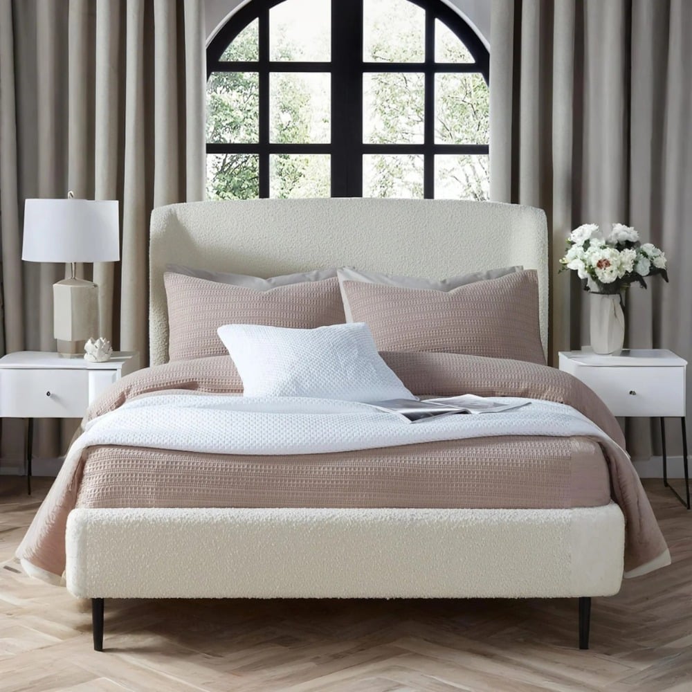 Eden - Double - Bed Frame - Off White/Ivory - Boucle Fabric - 4ft6 - Happy Beds
