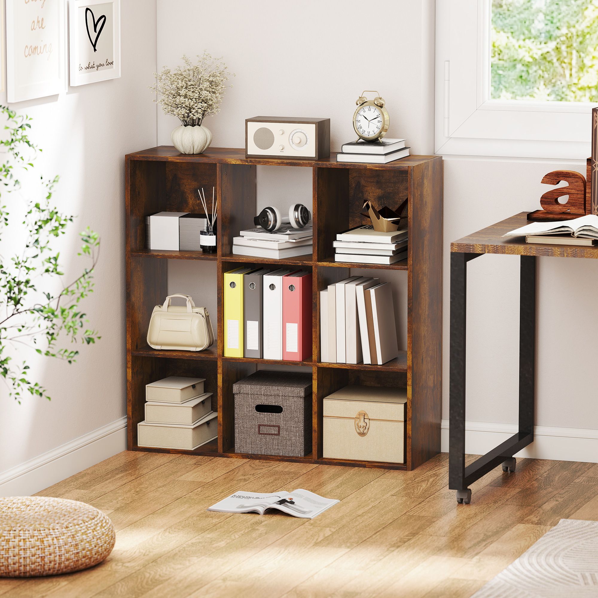 HOMCOM 3-tier Storage Cupboard Bookcase with 9 Cubes, Rustic Brown