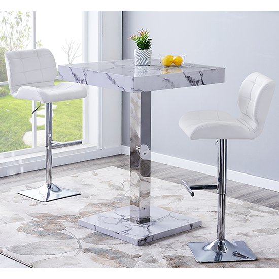 Topaz Gloss Bar Table In Diva Marble Effect With 2 Candid White Bar Stools