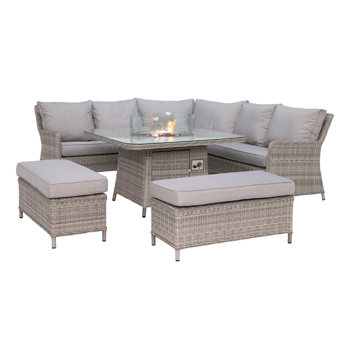 Hathaway Royal Garden Corner Dining Set With Fire Pit in Light Grey Weave and Grey Fabric