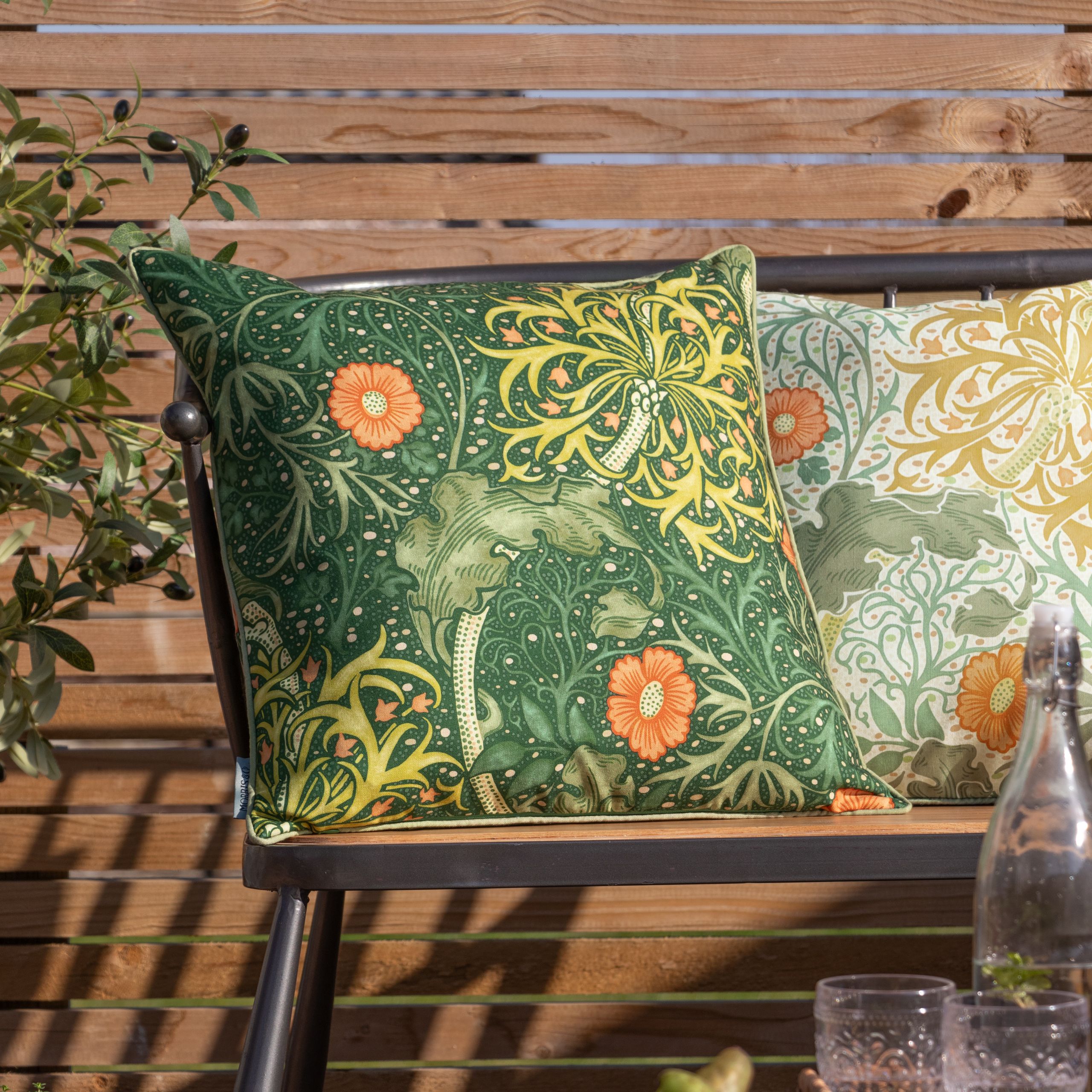 Morris & Co Seaweed Printed Piped Outdoor Cushion in Green