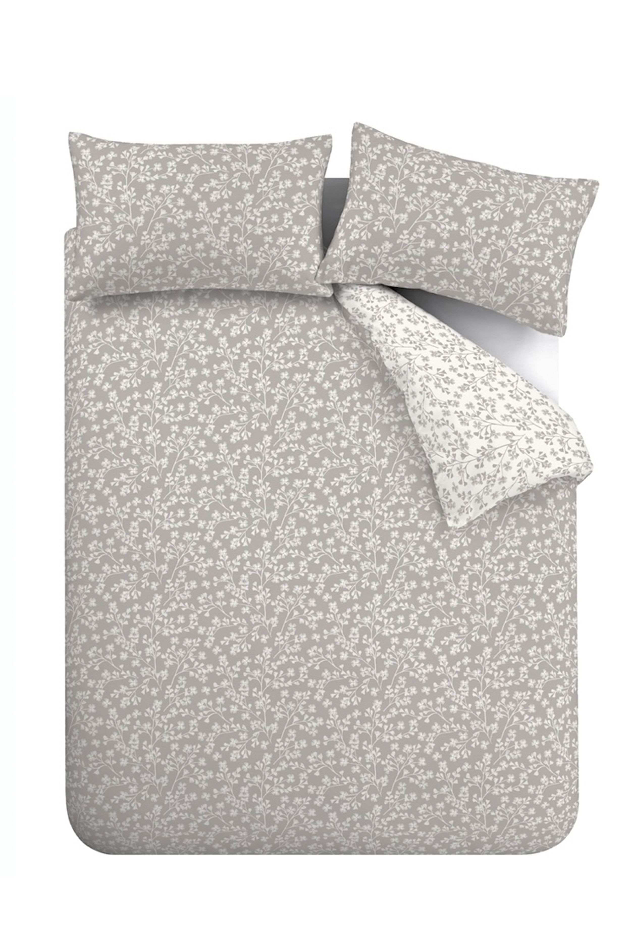 Catherine Lansfield 'Brushed Grace Floral Leaf' Cotton Reversible Duvet Cover Set in Grey 5