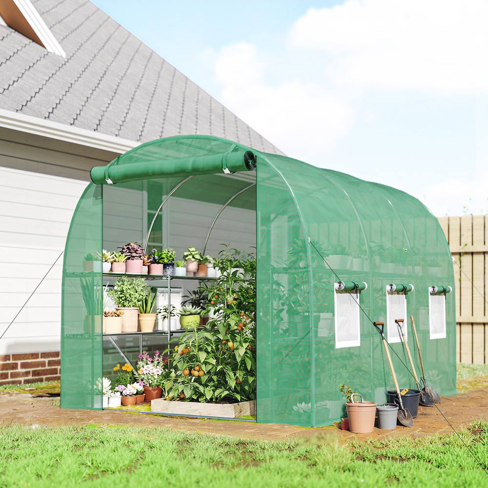 OUTSUNNY Walk-in Greenhouse with Shelves, Green House with Mesh Windows