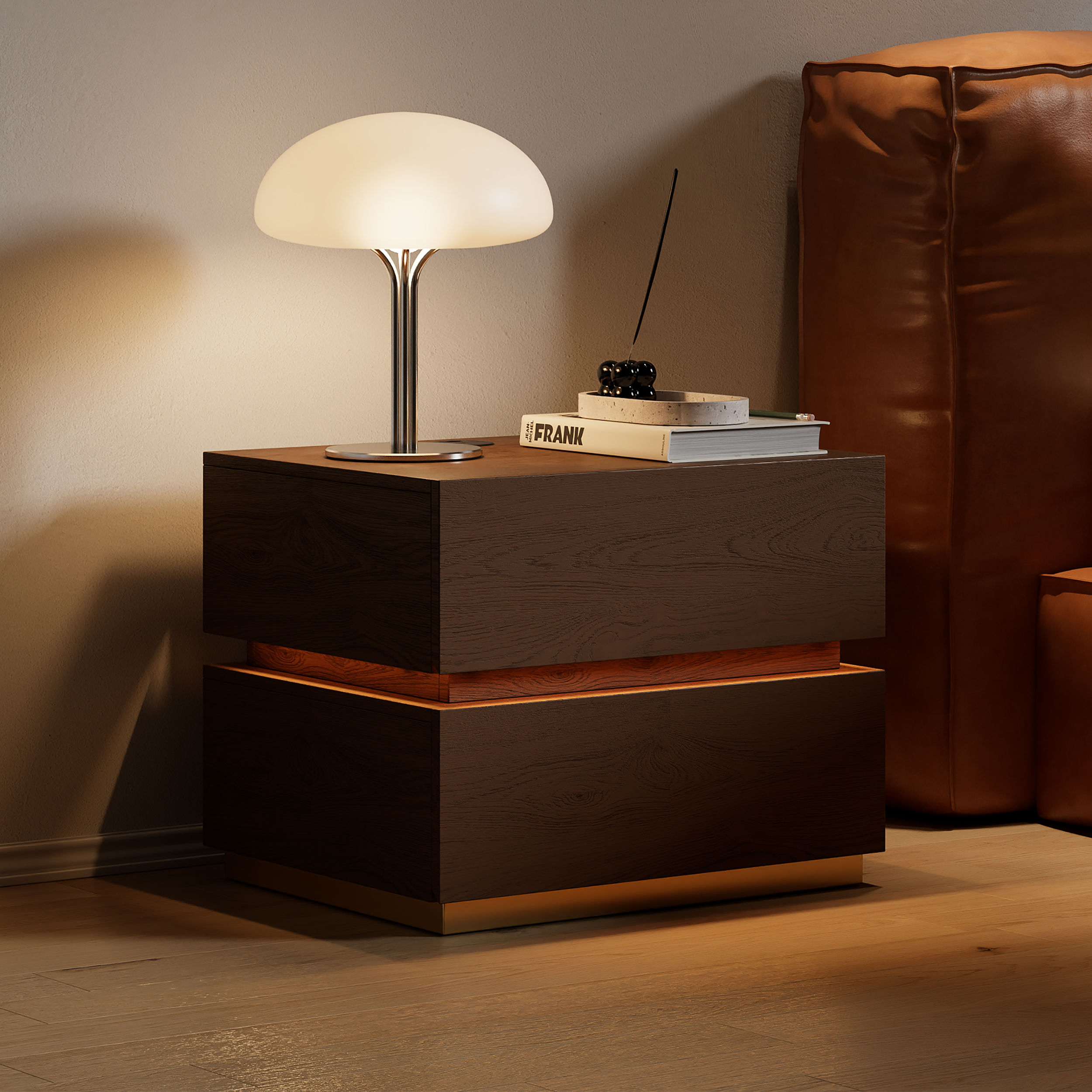 Smart LED Bedside Table Wireless Charging Station Wood Bedside Table with Light Modern