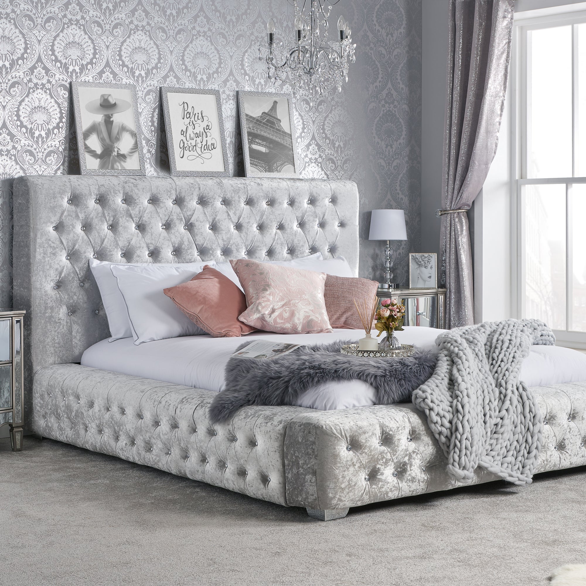 Grande Crushed Velvet Bed Grey