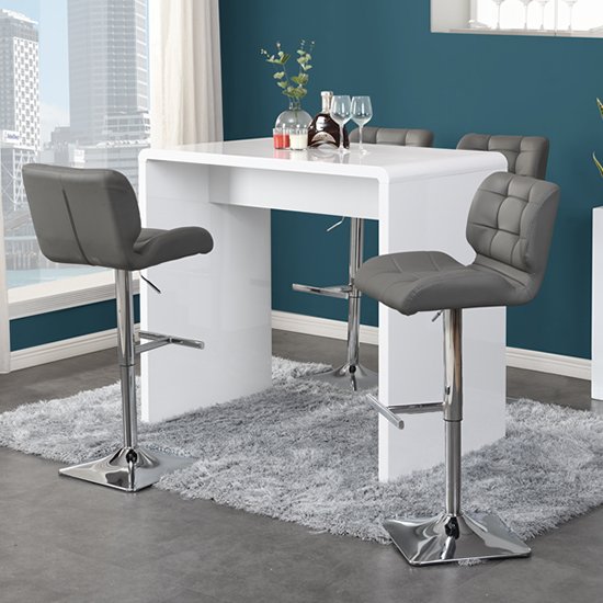 Glacier Gloss Bar Table In White With 4 Candid Grey Bar Stools