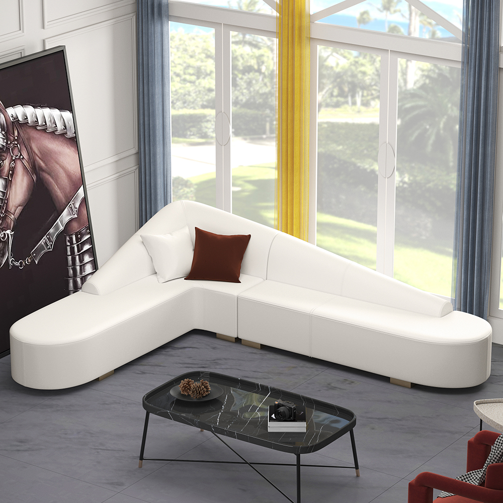 White Modern L-Shaped Corner Sectional Sofa for Living Room Faux Leather Upholstery