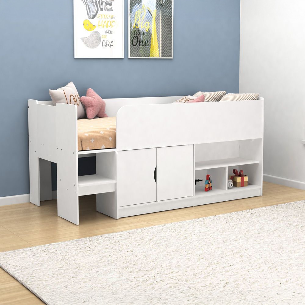 Kudl – Single – Mid Sleeper with Drawers and Shelves – White – Wooden – 3ft - Happy Beds